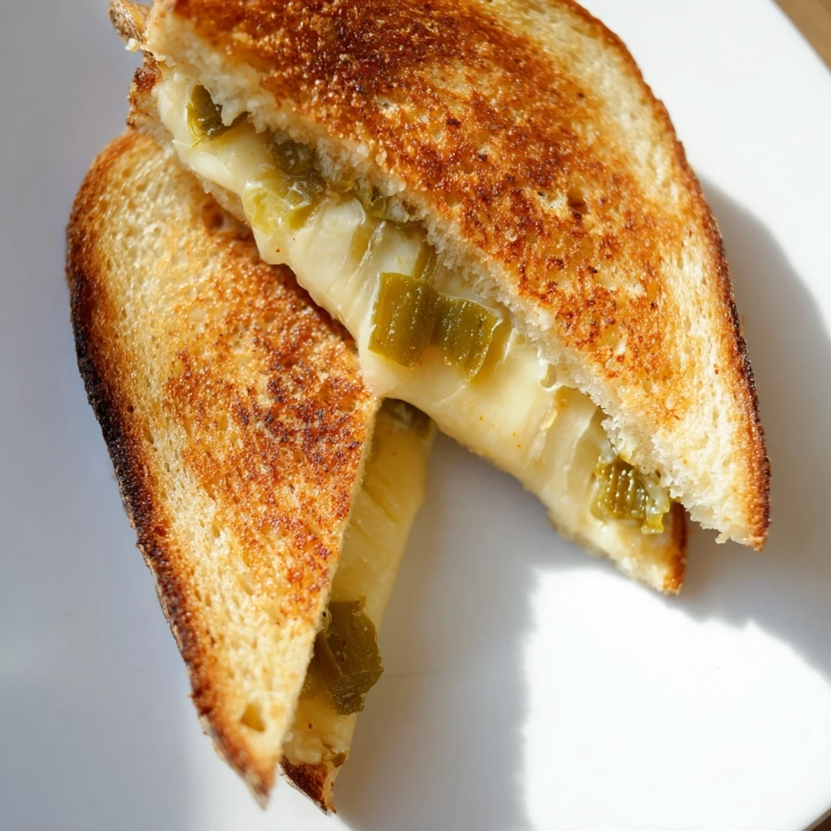 Golden-brown Jalapeño Pepper Jack Grilled Cheese slices on a plate, with melted cheese and pickled jalapeños visible between toasted sourdough.