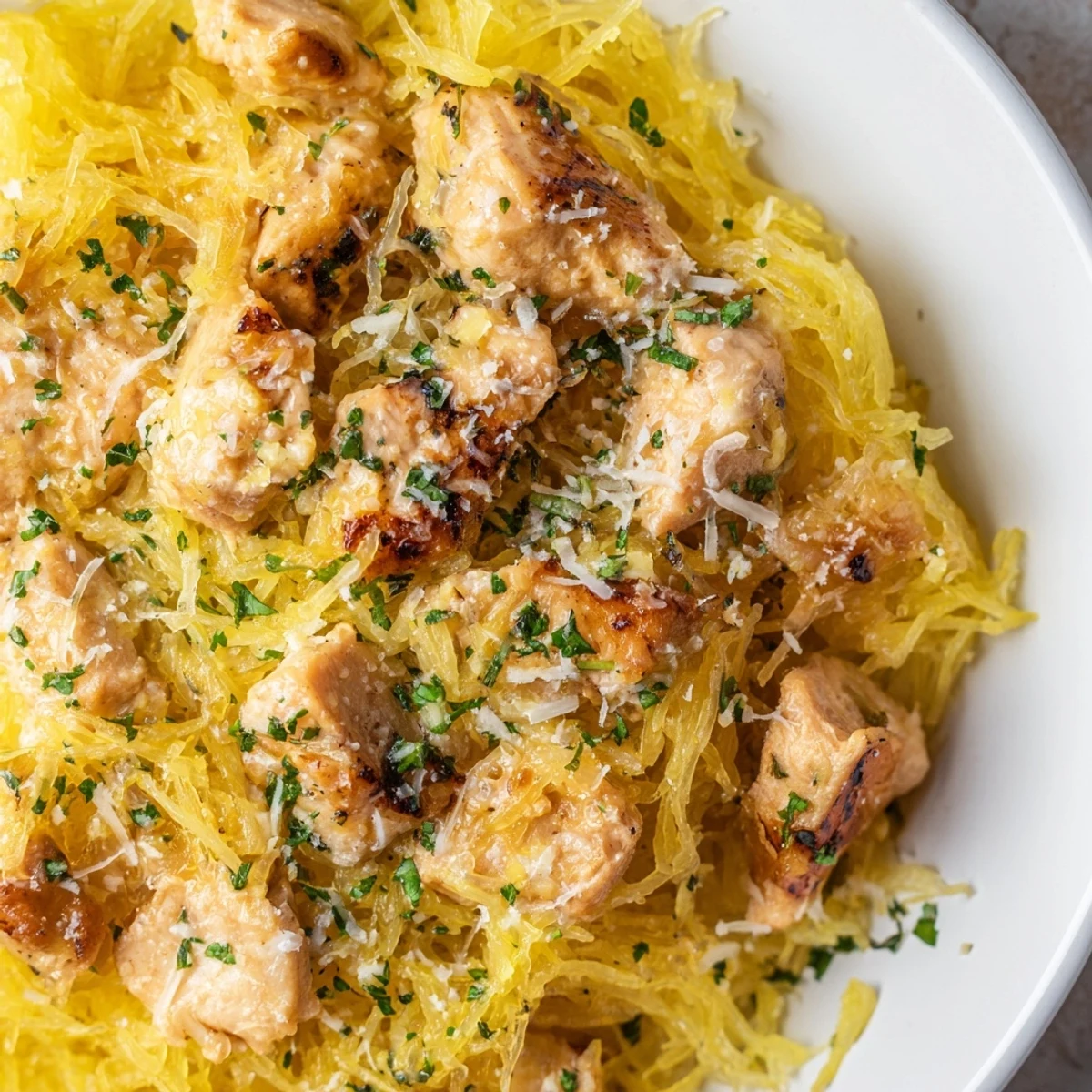 Golden roasted spaghetti squash strands topped with tender lemon-garlic chicken and a sprinkle of Parmesan cheese.
