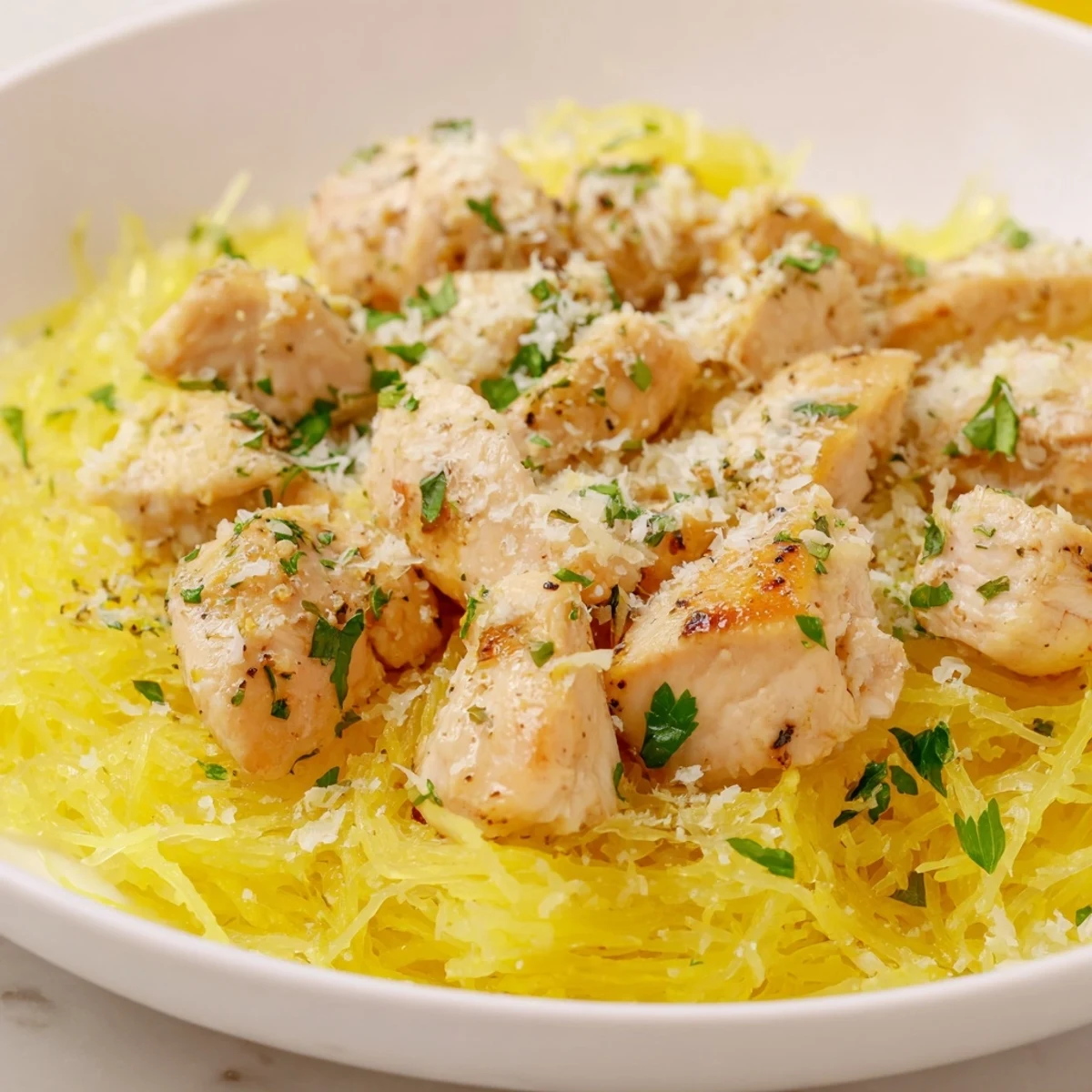 A vibrant plate of Lemon Garlic Chicken Spaghetti Squash garnished with fresh parsley and lemon wedges.