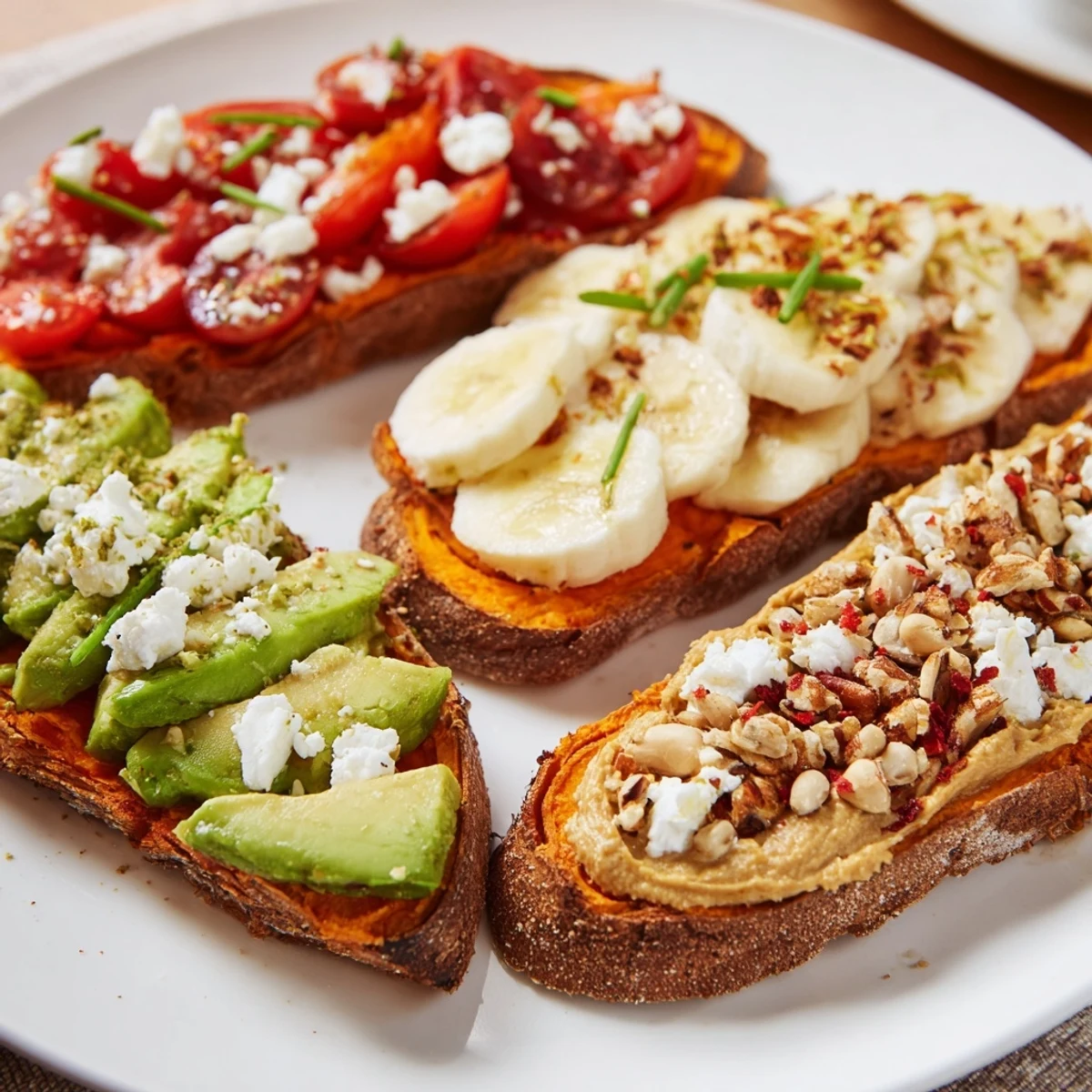Golden roasted sweet potato slices topped with sliced avocado and cherry tomatoes for a savory breakfast snack.  