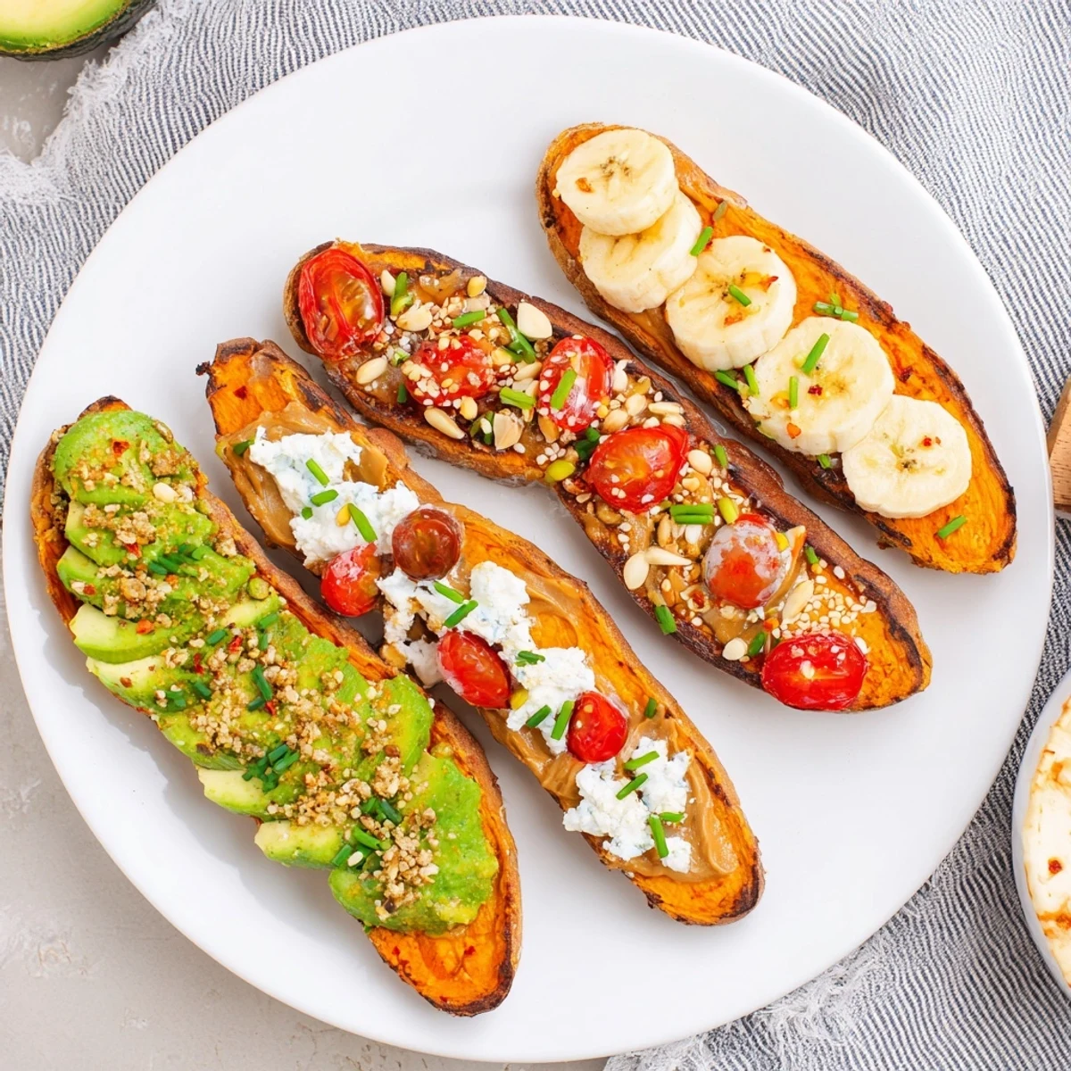 Colorful gluten-free sweet potato toast variations featuring cottage cheese, feta, and fresh herbs.