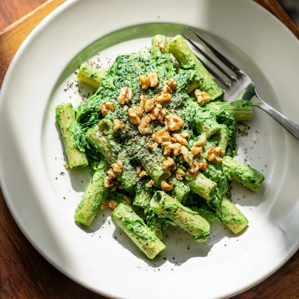 Creamy spinach walnut pasta with al dente noodles coated in a vibrant green, velvety sauce and garnished with chopped walnuts.  