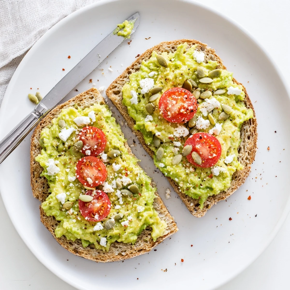 Savory avocado toast on whole grain bread topped with feta, seeds, and red pepper flakes.