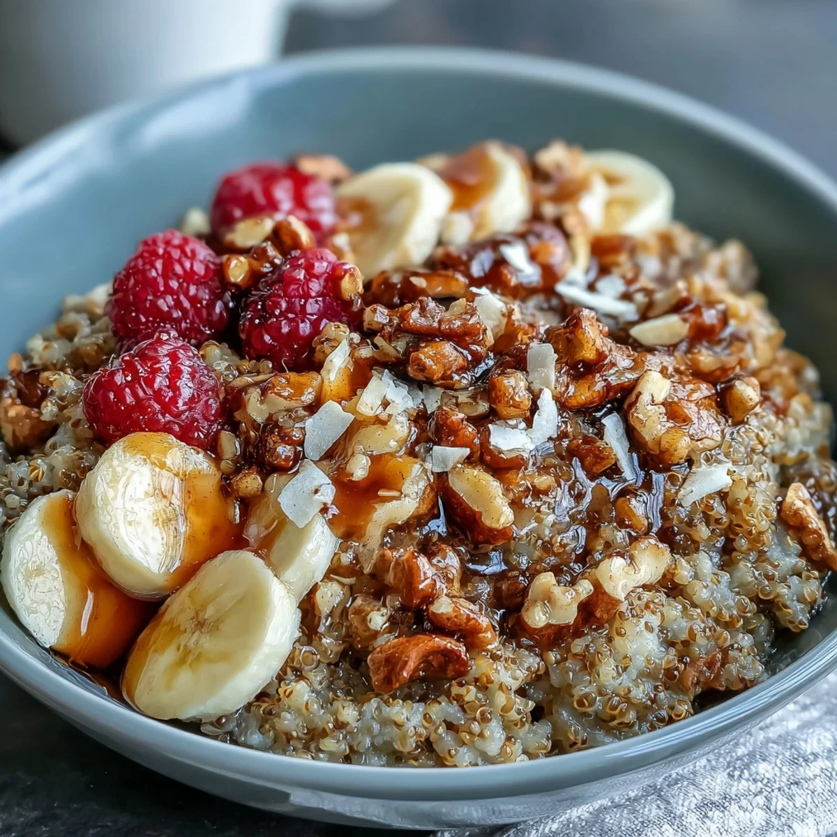 A close-up of a steaming bowl of buckwheat groats breakfast, drizzled with honey and sprinkled with cinnamon.