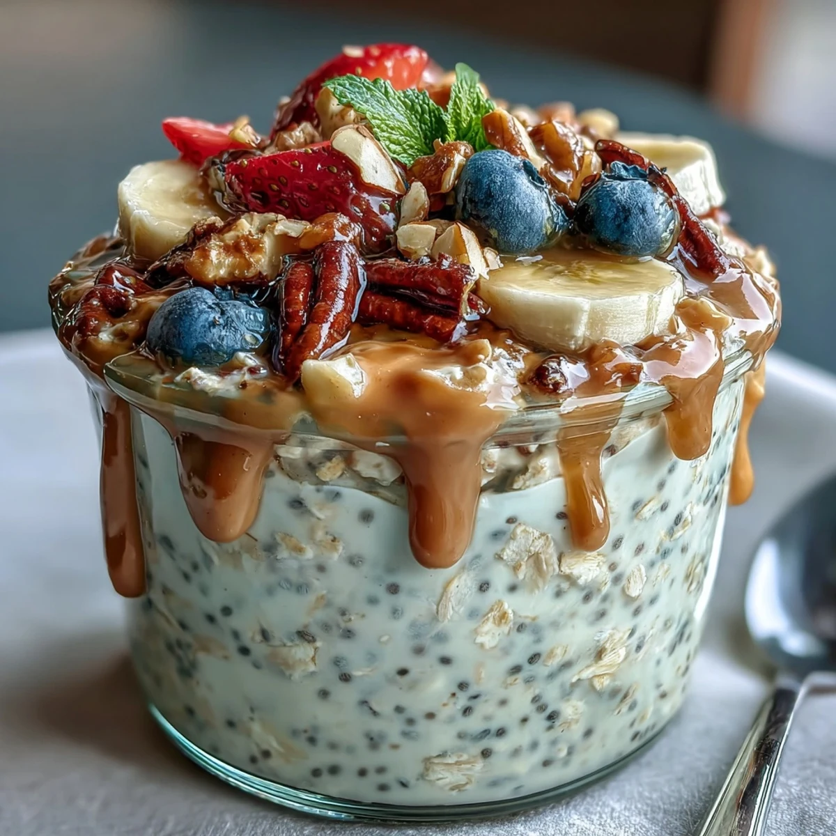Creamy Overnight Oats with Chia Seeds layered in a glass jar, topped with fresh berries, sliced banana, and a drizzle of nut butter for a healthy breakfast.