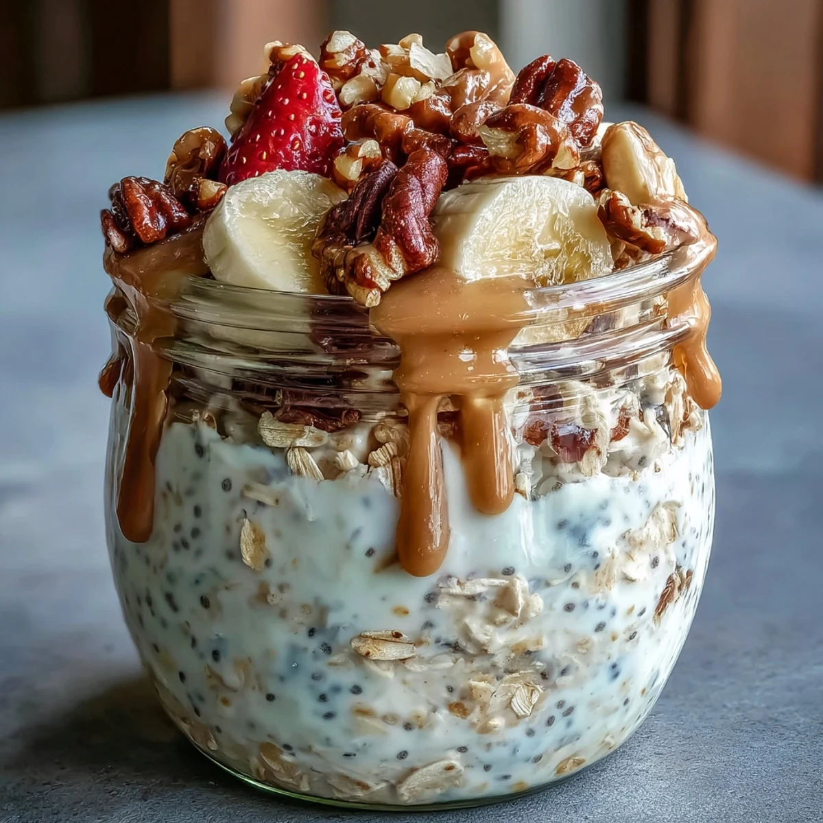 Overnight Oats with Chia Seeds garnished with crunchy almonds and blueberries, showcasing a thick, chilled texture perfect for busy morning meal prep.