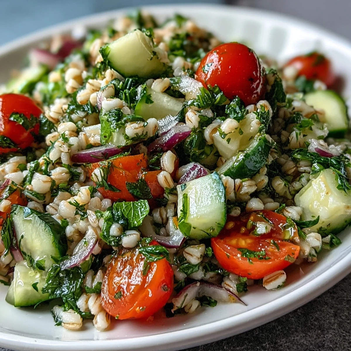 A close-up of chilled Mediterranean barley and herb salad, featuring chopped mint and parsley in a white ceramic bowl, ready to serve.