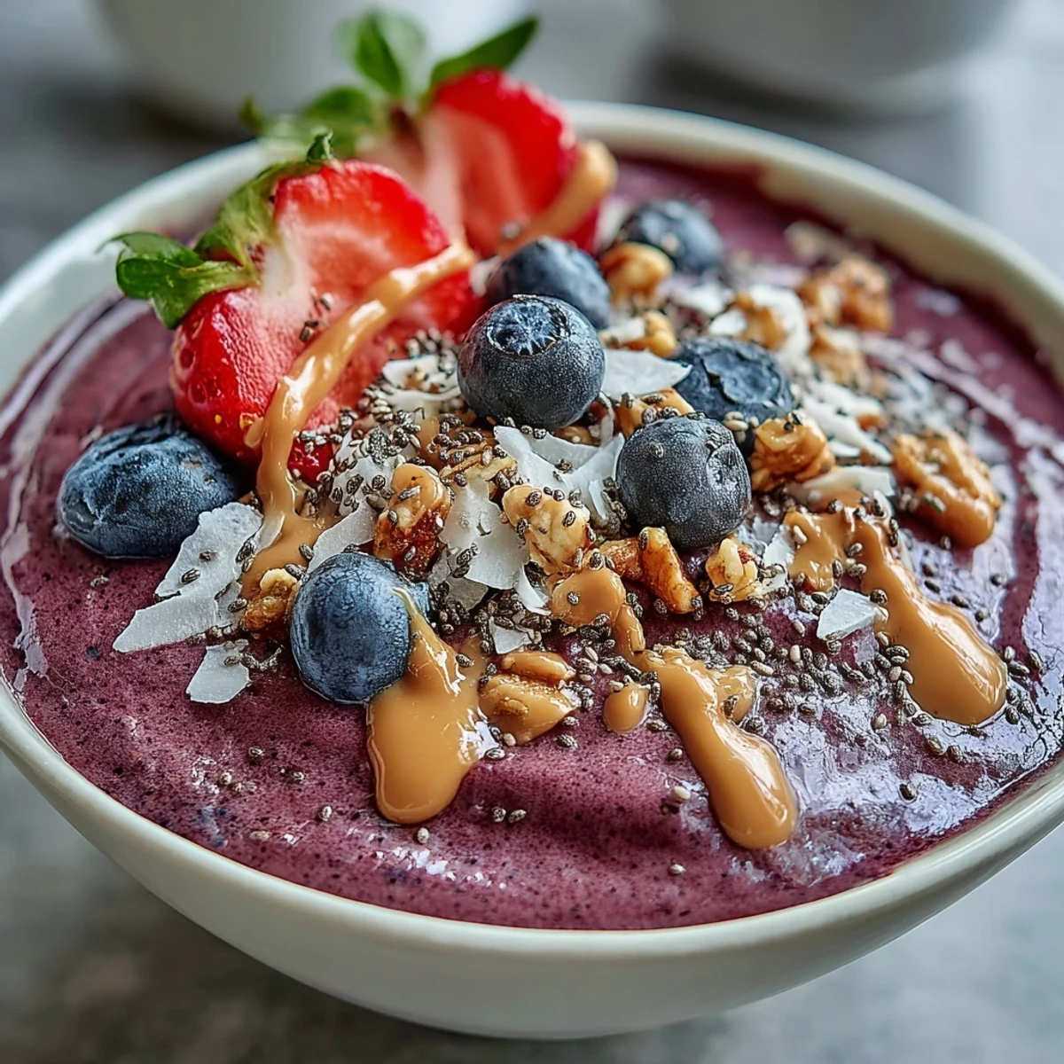 A vibrant Acai Berry Smoothie Bowl topped with sliced bananas, fresh berries, and crunchy granola for a nutritious breakfast.  
