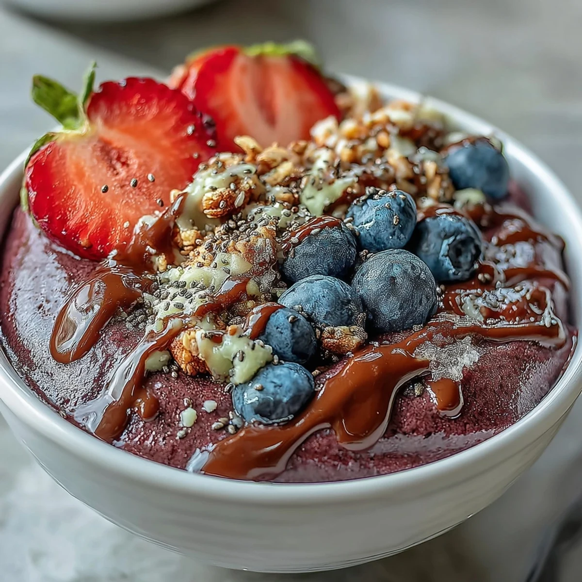 Thick, purple Acai Berry Smoothie Bowl garnished with chia seeds, coconut flakes, and almond butter drizzle in a white bowl.  