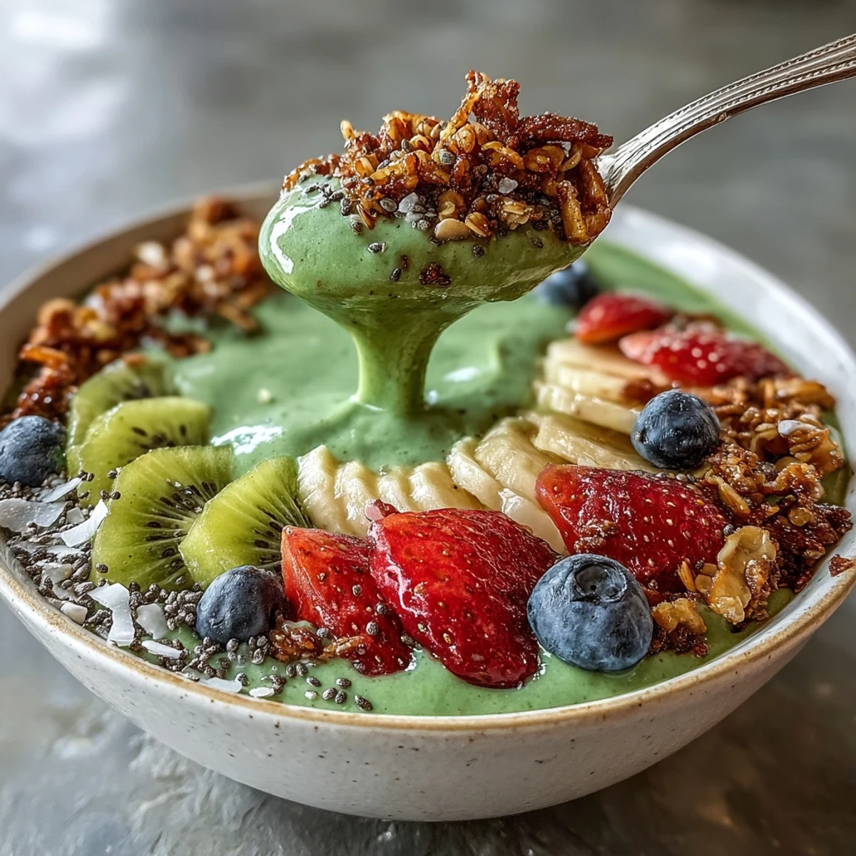 Green Smoothie Bowl topped with crunchy granola, sliced strawberries, and banana on a textured ceramic bowl for a refreshing, vibrant breakfast.
