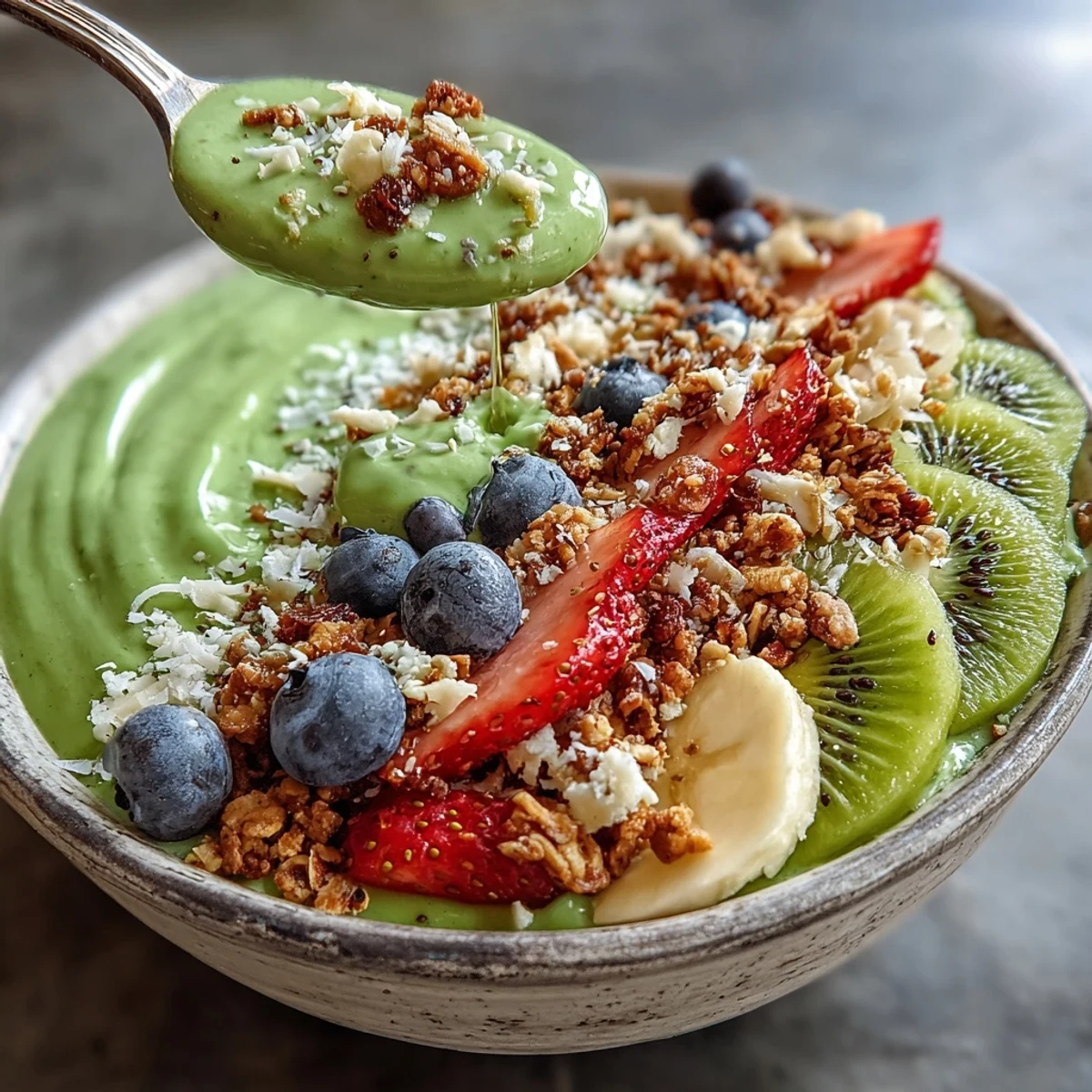 A close-up of a nutrient-packed Green Smoothie Bowl with creamy spinach base, fresh fruit, and a sprinkle of chia seeds for extra crunch.