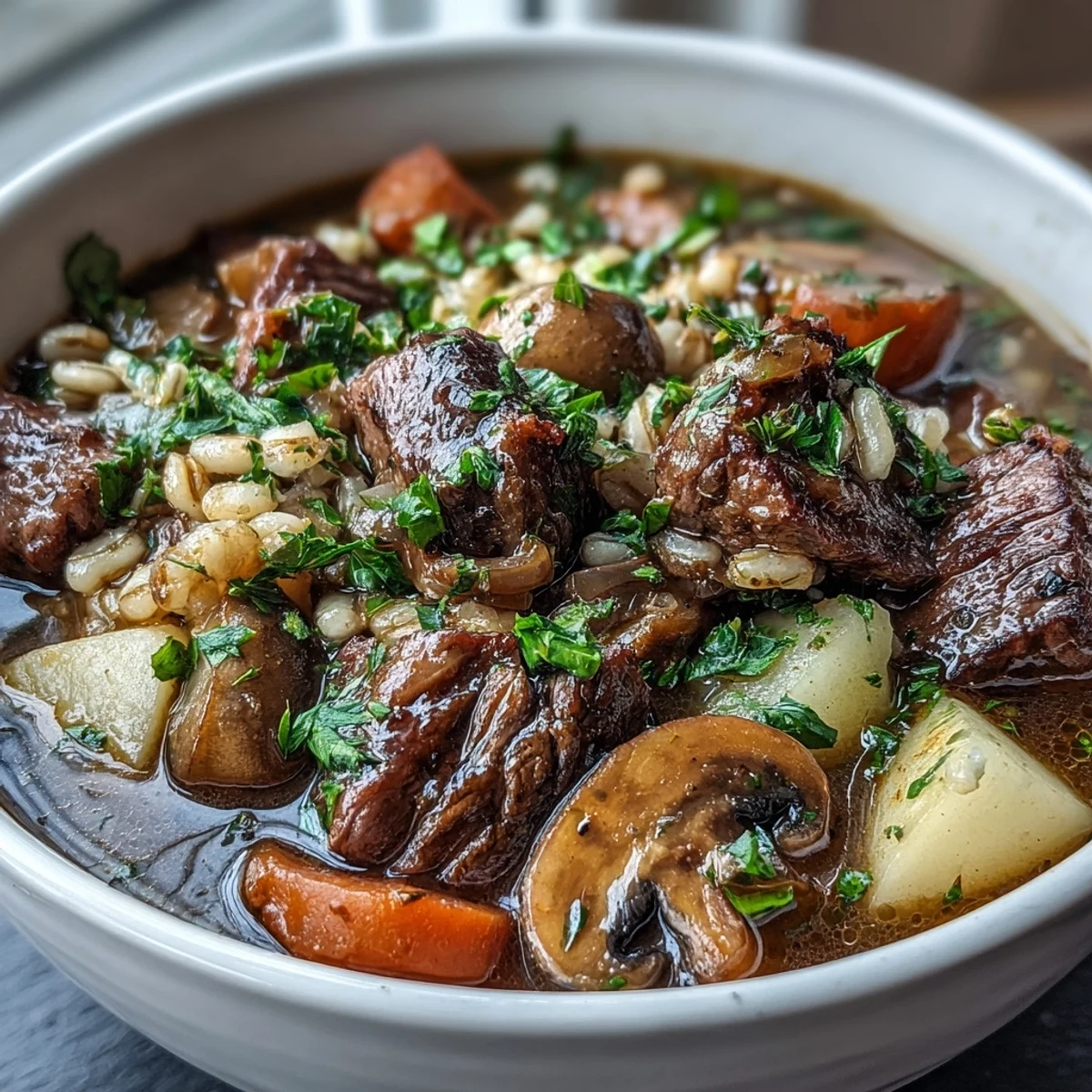 A steaming bowl of Vegetable Beef, Barley, and Mushroom Soup reveals tender chunks of beef, sliced carrots, and earthy mushrooms in a rich, brown broth with pearl barley.