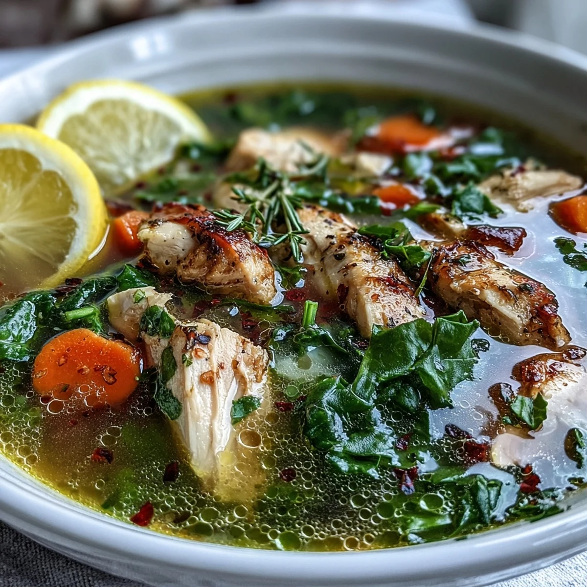 A steaming bowl of High Protein Lemon and Turmeric Chicken Soup garnished with fresh parsley and lemon wedges.
