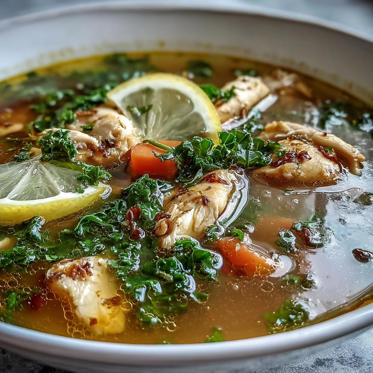 Close-up on the golden High Protein Lemon and Turmeric Chicken Soup, with tender chicken, carrots, and wilted kale.