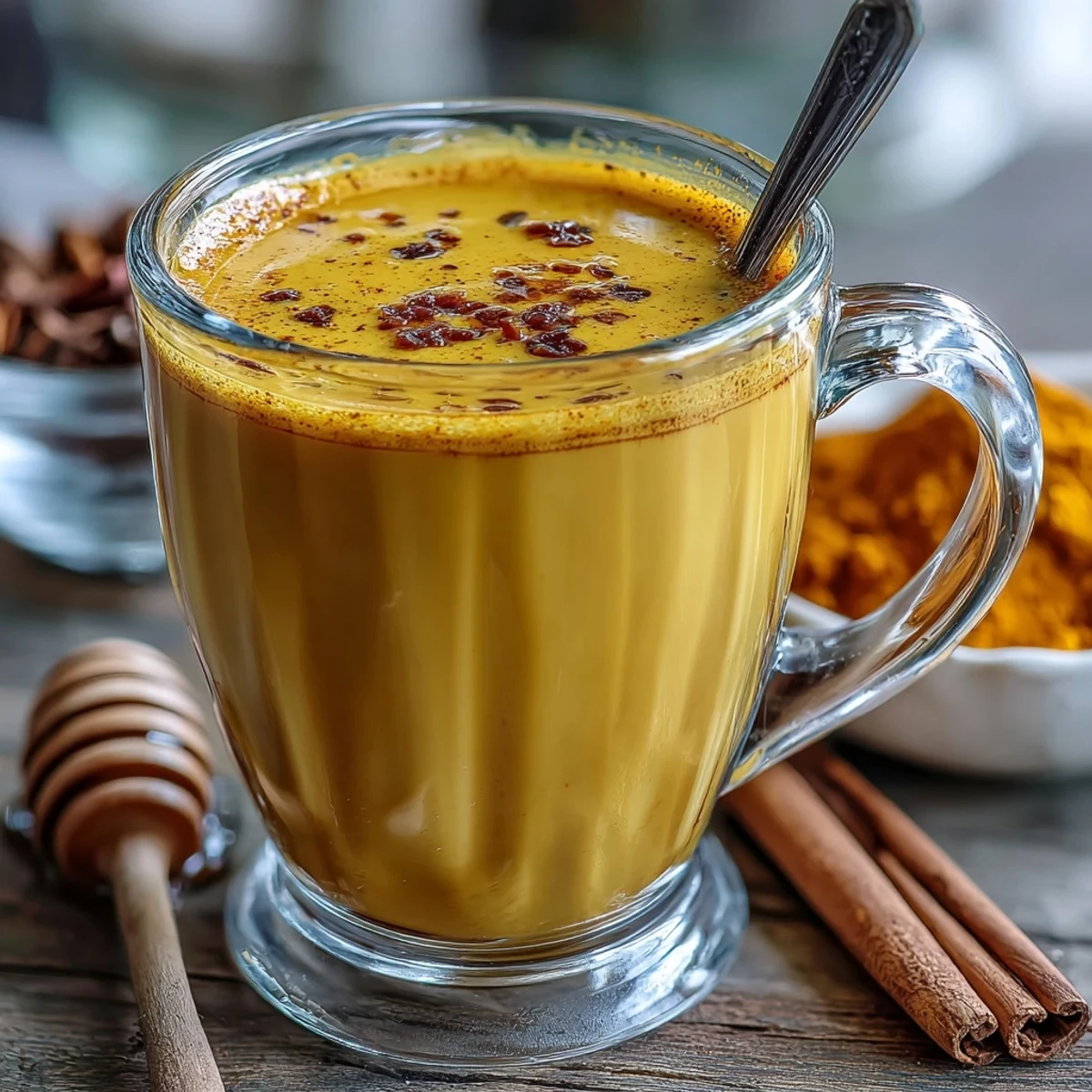 Golden Turmeric and Ginger Golden Milk steams gently in a rustic white mug, garnished with a cinnamon stick. 