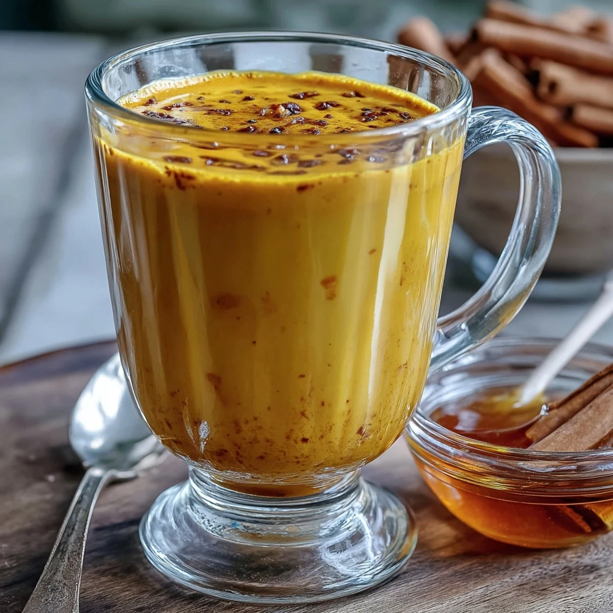Two warm mugs of Turmeric and Ginger Golden Milk sit beside ground spices and fresh ginger slices.