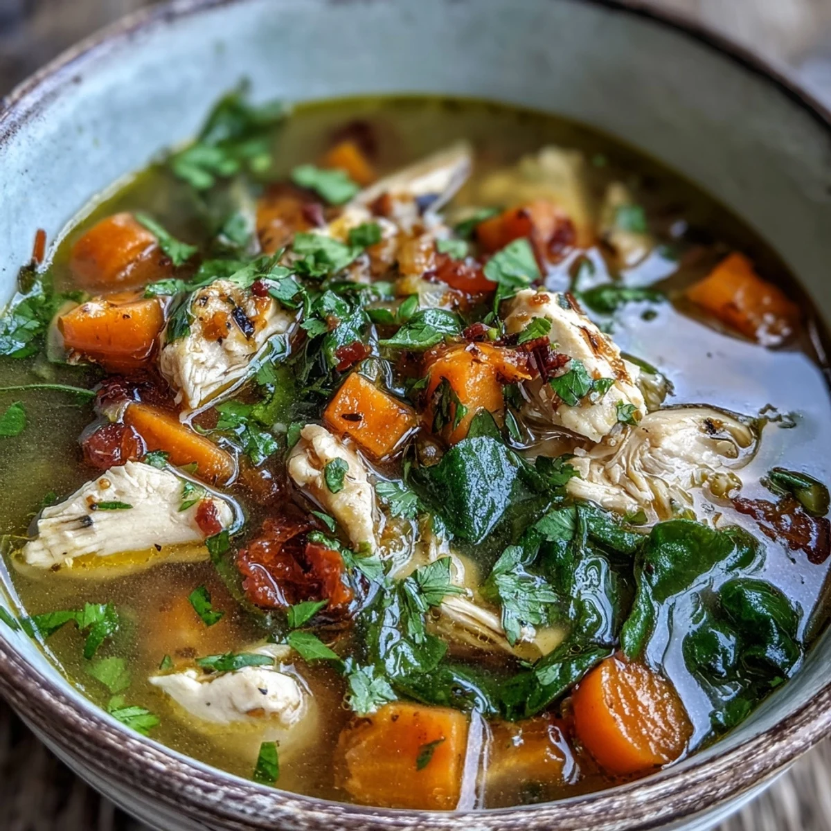Golden Turmeric Chicken Soup with tender chicken, fresh spinach, and bright lemon juice, served steaming in a rustic bowl.