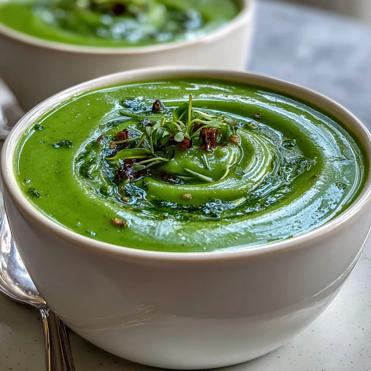 Vibrant green Courgette, Pea and Pesto Soup in a white bowl, perfect for springtime meals.