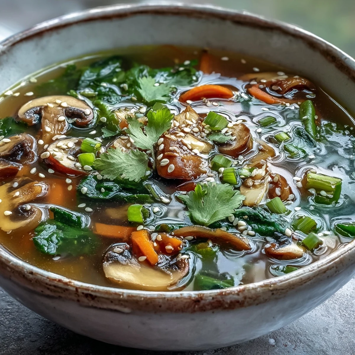 A comforting bowl of Miso Ginger Winter Soup, garnished with toasted sesame seeds and fresh cilantro, steaming beside chopsticks.