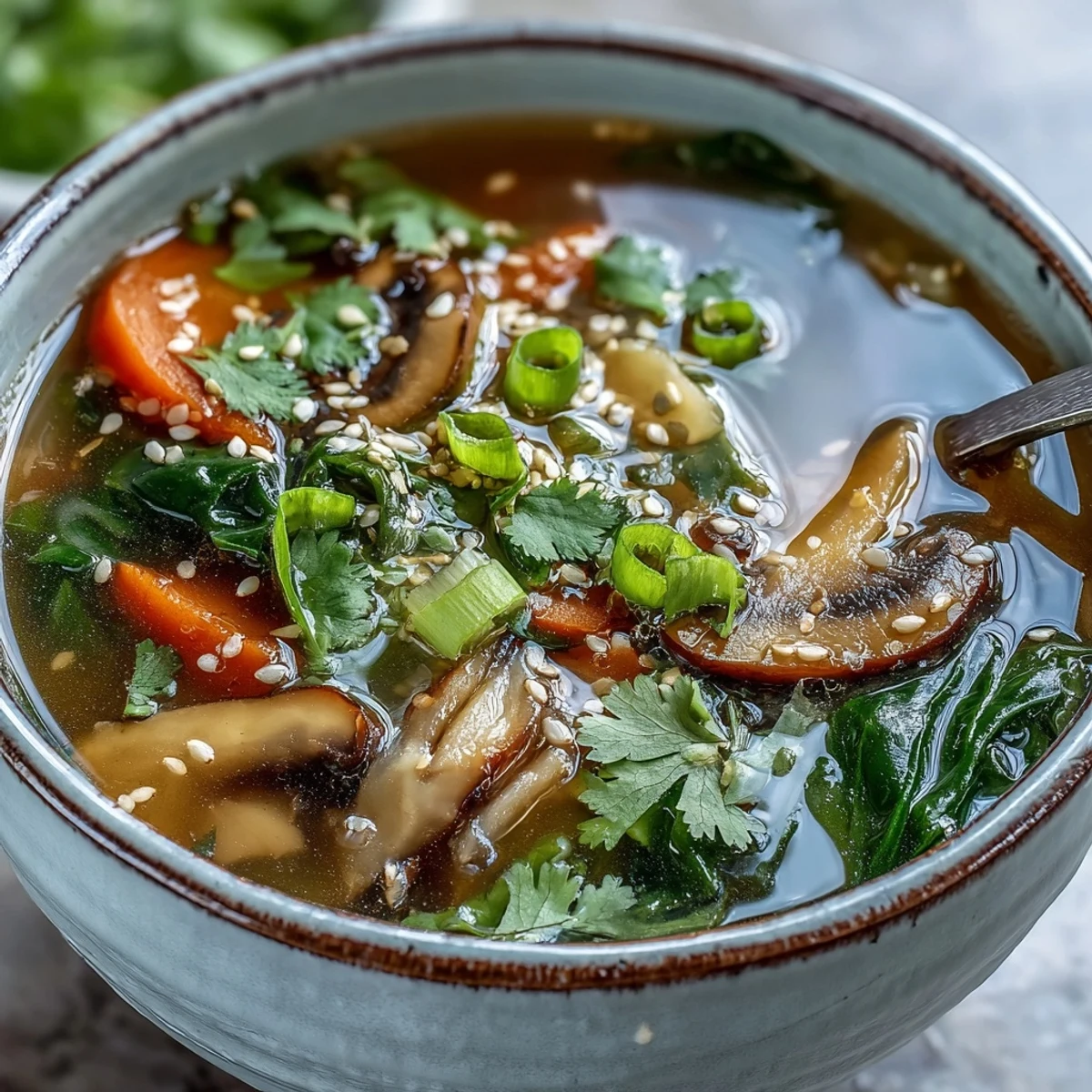 Overhead view of Miso Ginger Winter Soup in a rustic bowl, featuring vibrant carrots, shiitake mushrooms, and wilted greens in broth.