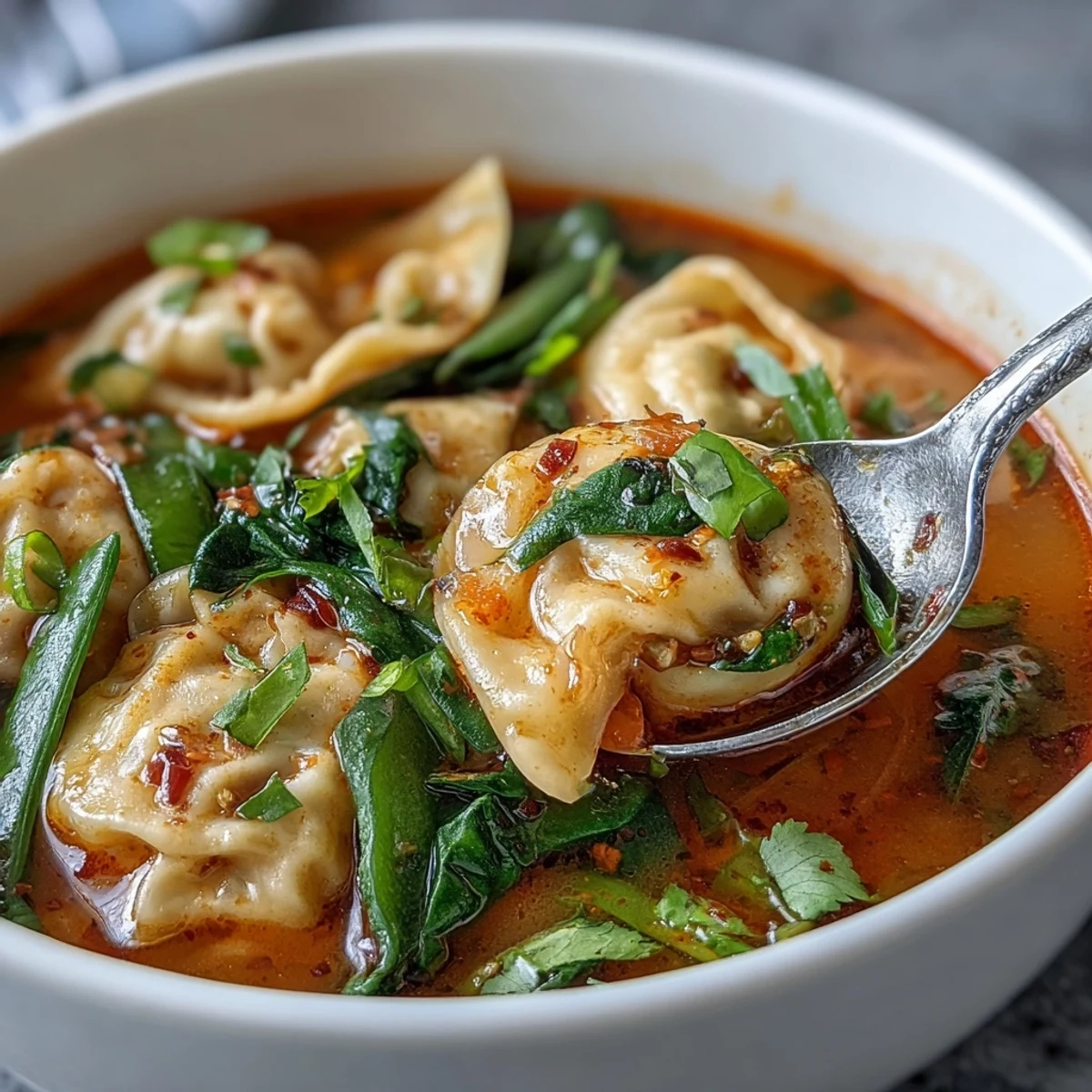 Red curry wonton soup with greens steaming in a white bowl, wilted spinach and snow peas floating in creamy coconut broth.