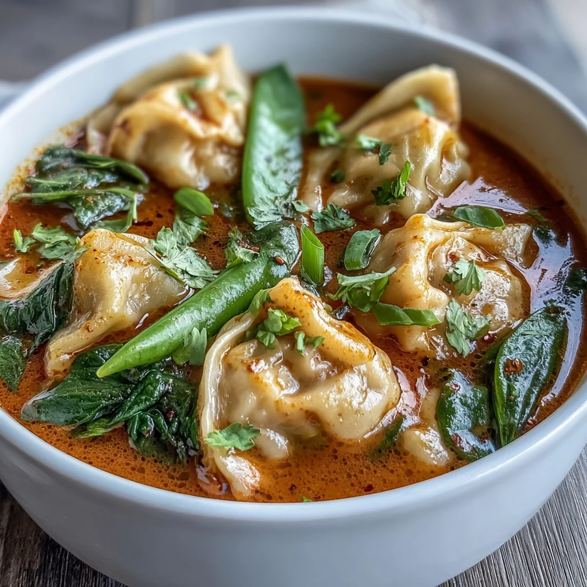 Fresh green onions and cilantro garnish a steaming bowl of red curry wonton soup with greens, served beside a lime wedge.