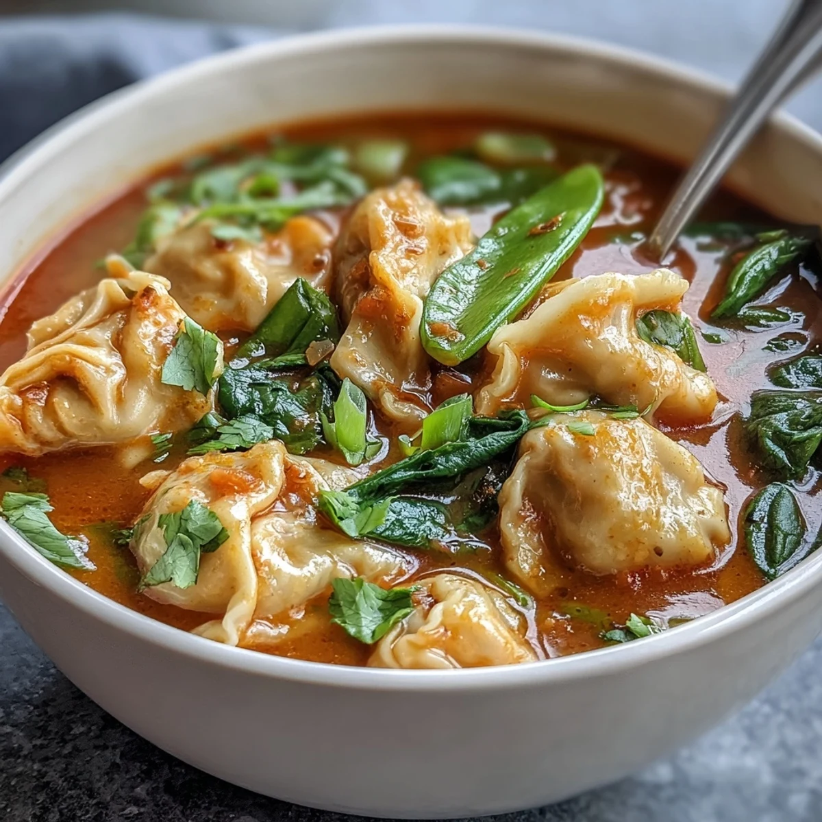 Close-up of plump wontons and crisp veggies in fragrant red curry wonton soup with greens, ready to enjoy with chopsticks.