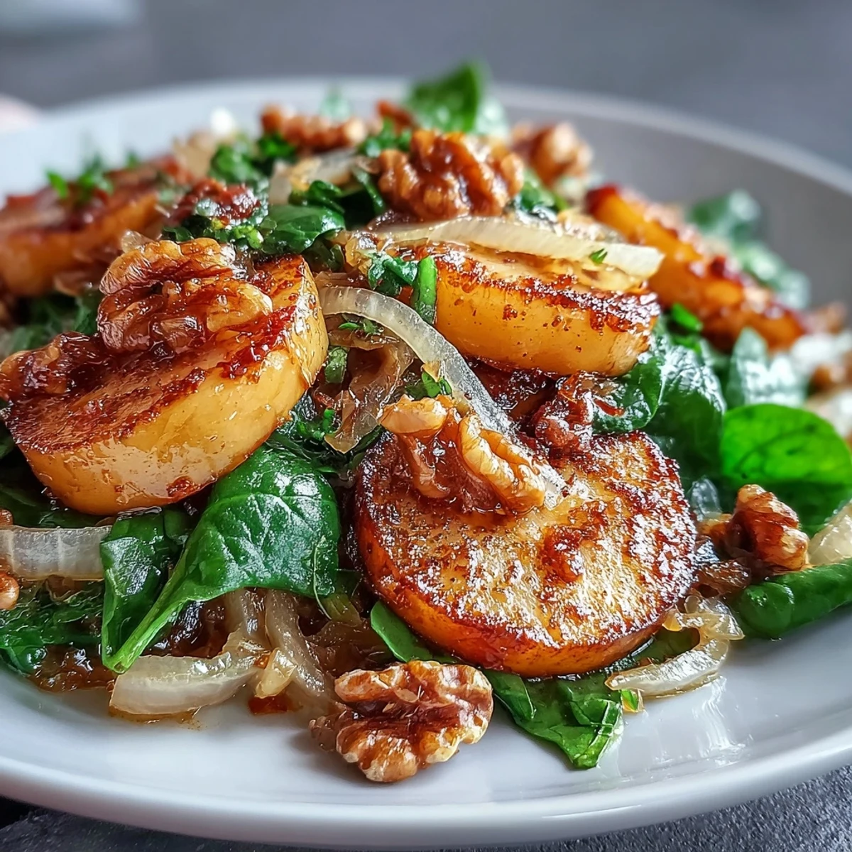 Warm Apple and Sauerkraut Skillet Salad featuring golden caramelized apples and onions tossed with probiotic sauerkraut and fresh greens.