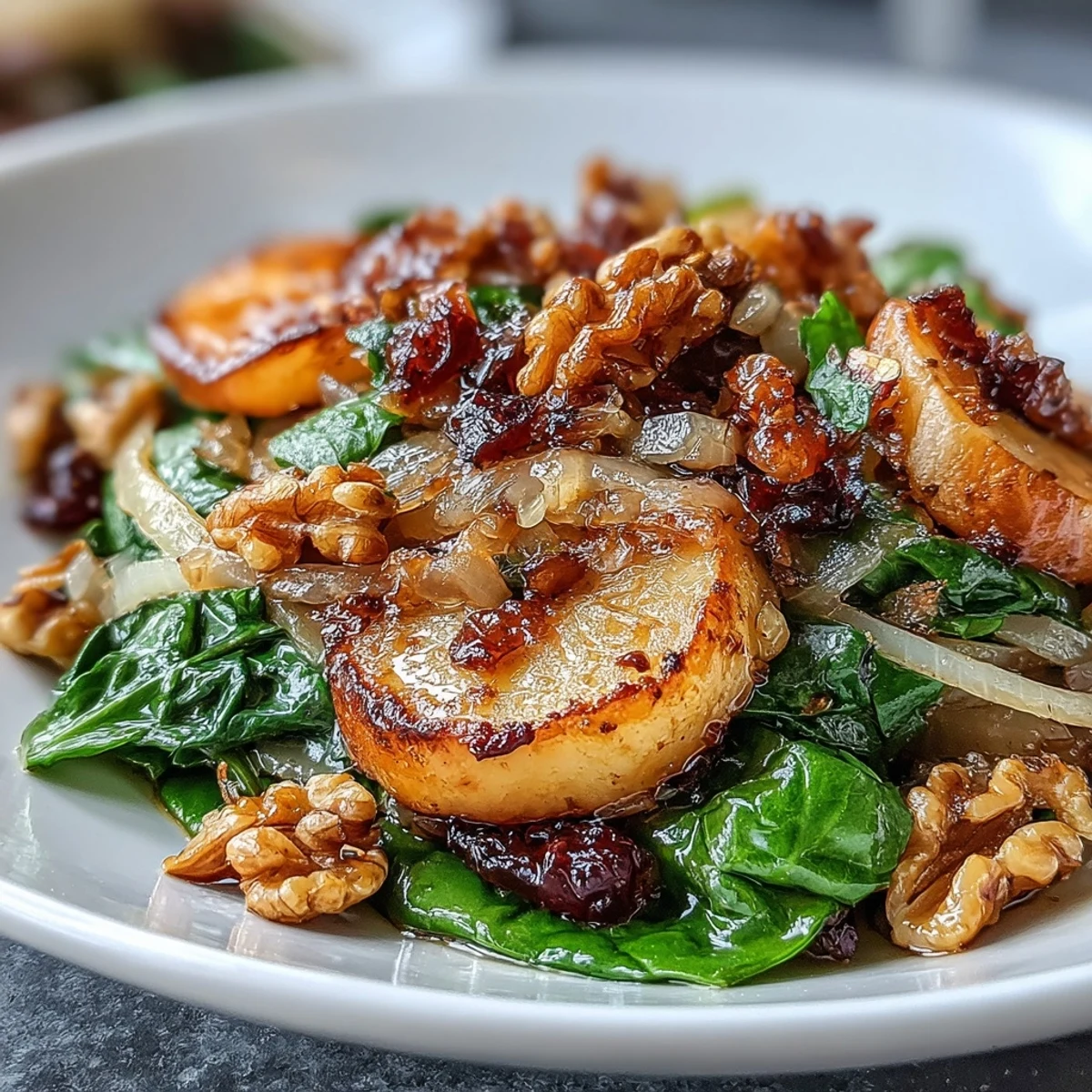 A close-up of Warm Apple and Sauerkraut Skillet Salad with wilted spinach, glistening honey glaze, and a sprinkle of caraway seeds.