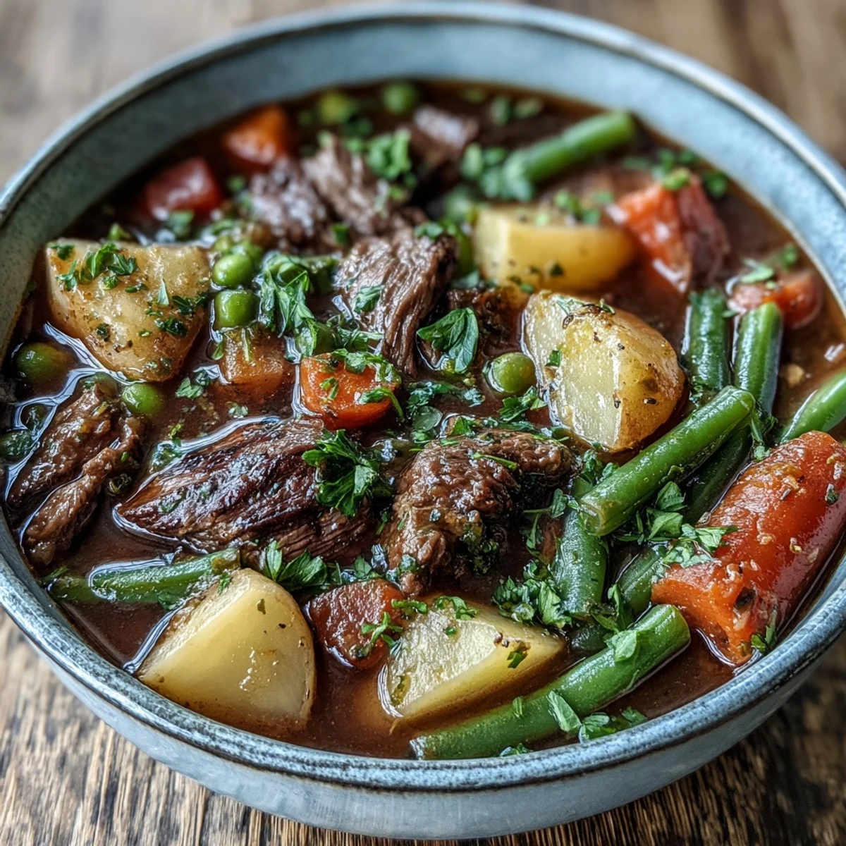 Steaming pot of homemade Beef and Vegetable Soup featuring rich broth, potatoes, celery, and aromatic herbs on a rustic table.