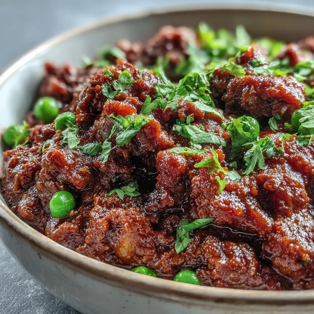 Steaming Venison Keema Curry with fresh cilantro and lemon wedges served over fluffy basmati rice.