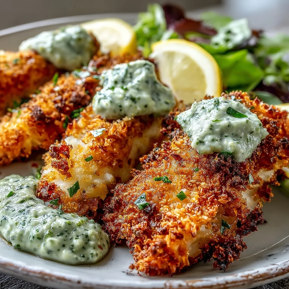 Freshly baked haddock goujons with a crunchy Parmesan coating, dipped in creamy pea pesto for a savory bite.
