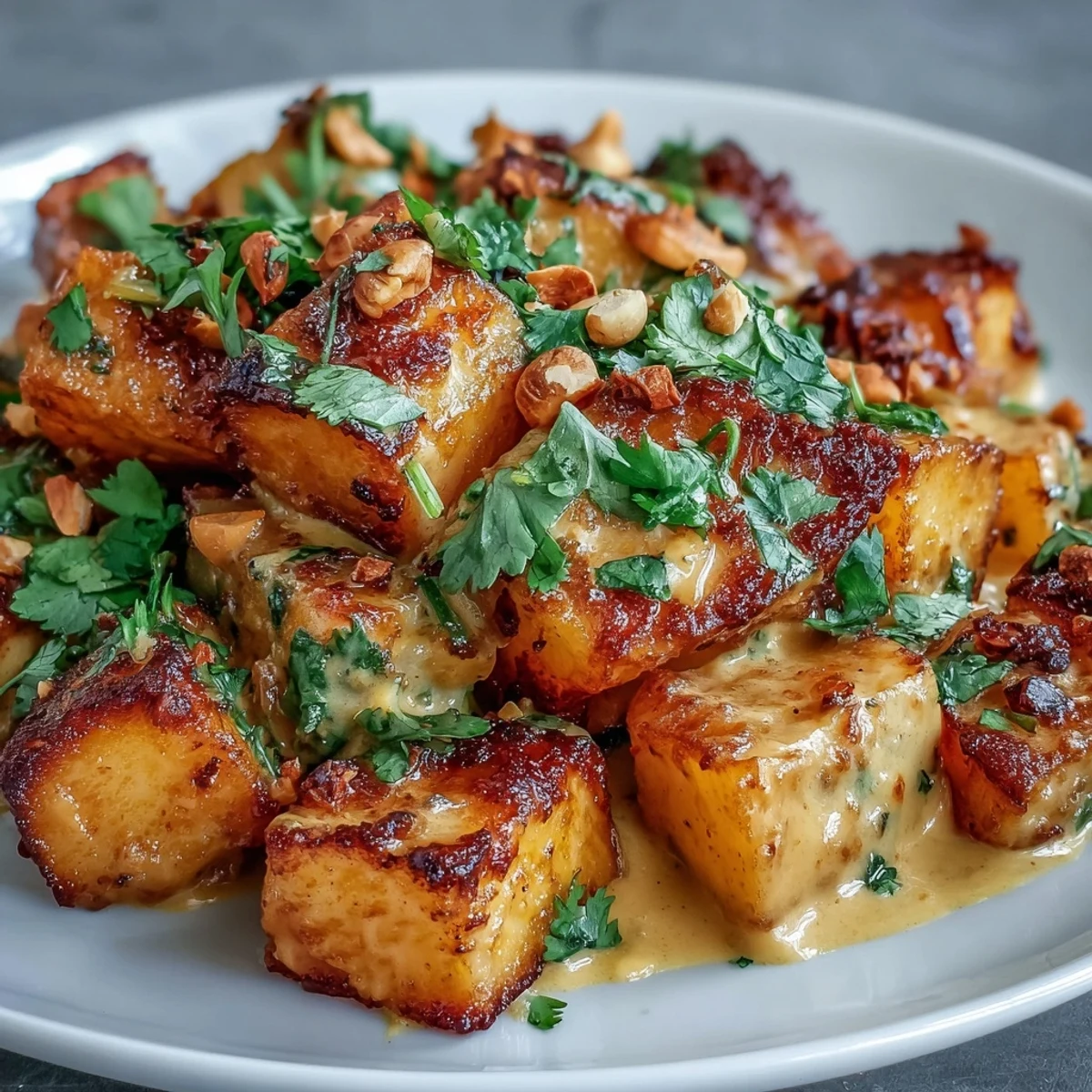 Golden roasted celeriac cubes simmer in a rich coconut curry sauce, garnished with fresh cilantro and cashews.