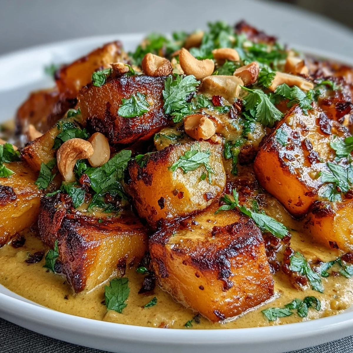 Vibrant Curried Celeriac recipe featuring tender root vegetables in a creamy, spiced sauce with a lime wedge.