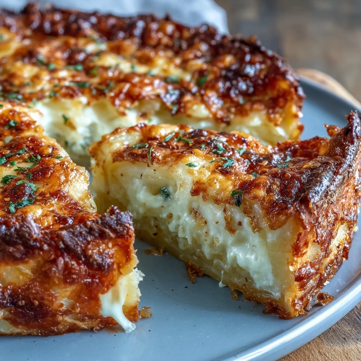 Golden-brown Cheese and Potato Pie emerges from the oven with bubbling Gruyère and cheddar, ready to slice. 