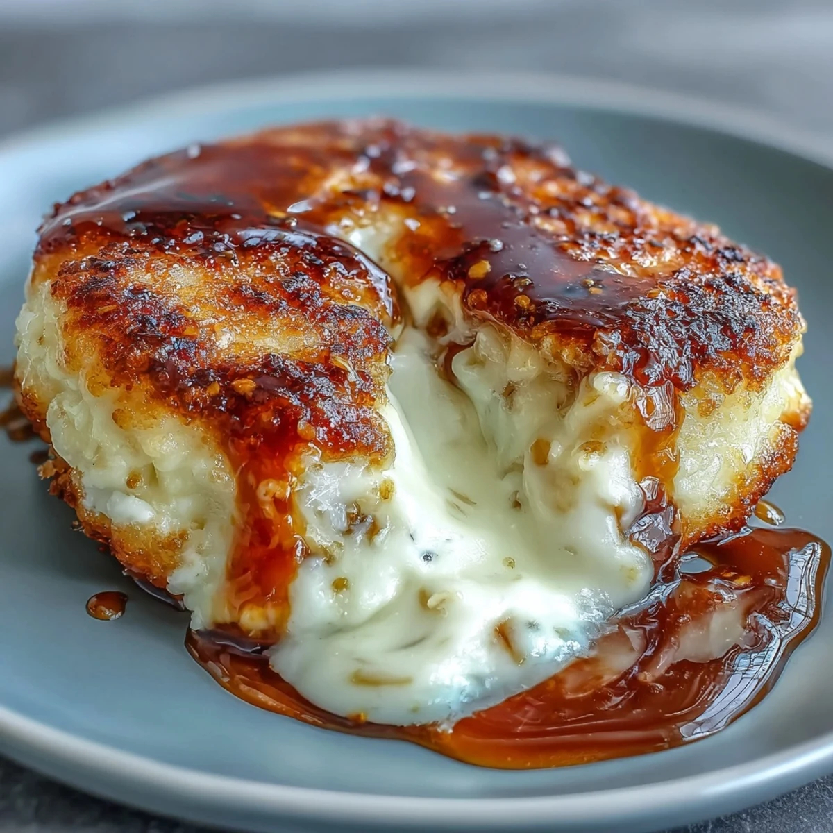 Golden pan-fried Chīzu Imomochi dumplings glisten with a sticky soy-honey glaze, revealing a soft potato exterior and melted cheese pull.