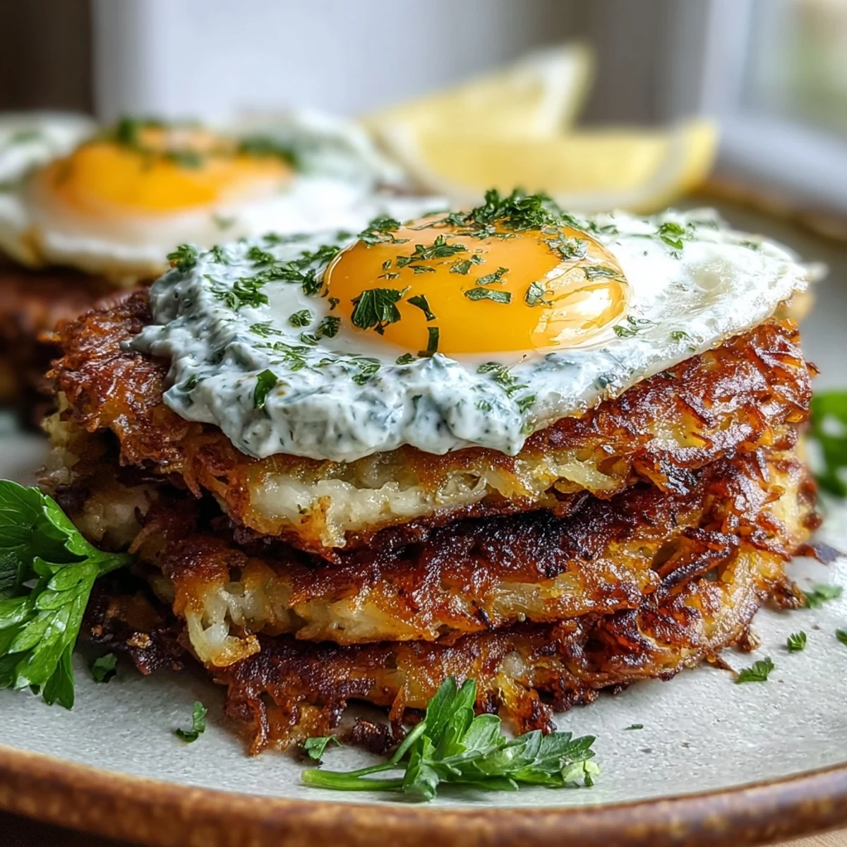 Golden, crispy celeriac rösti topped with a dollop of spicy harissa yogurt and a sunny-side-up fried egg.