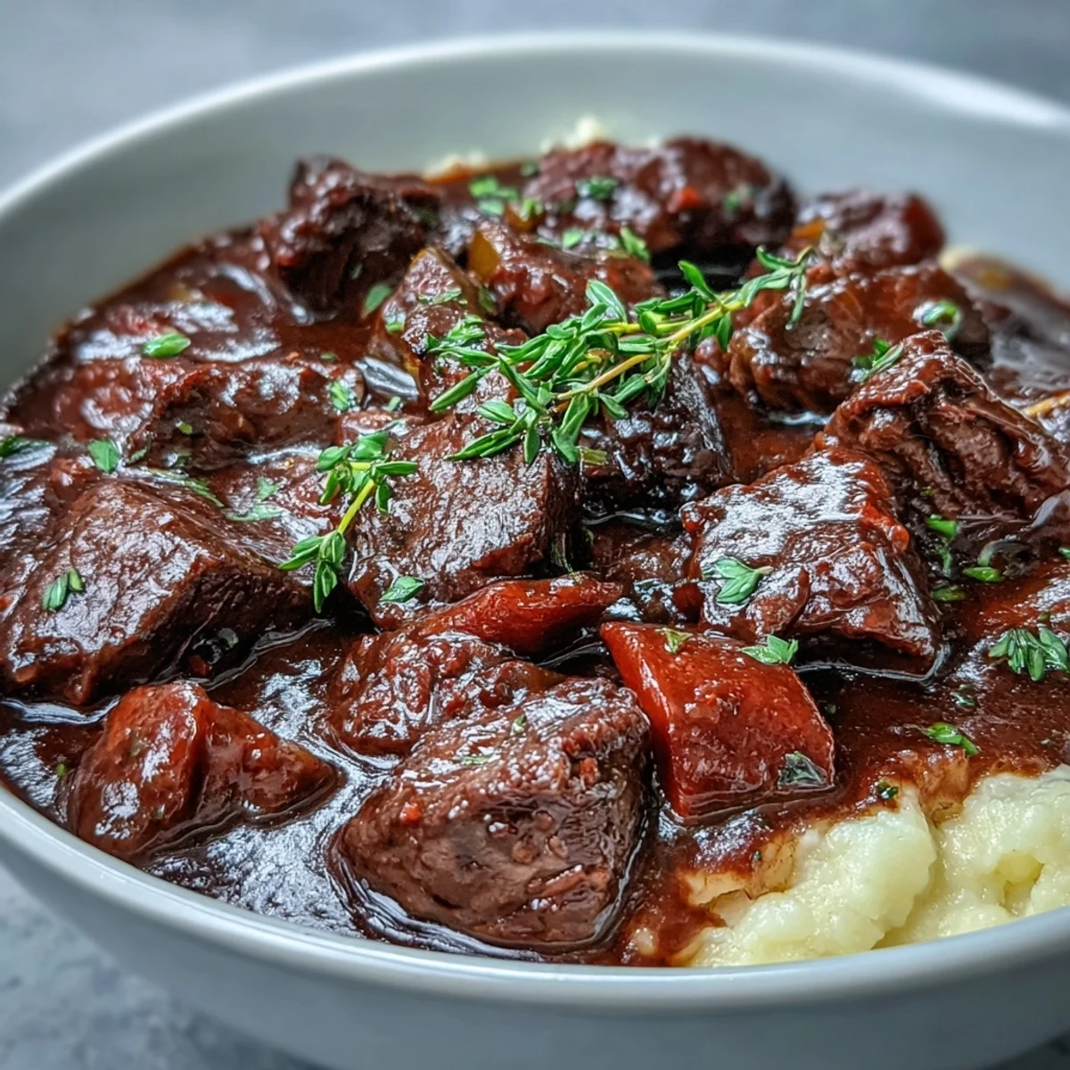 Steaming venison stew with sloe gin and polenta in a rustic bowl.