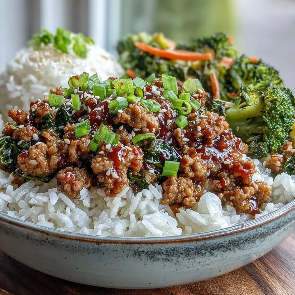 Heaping spoonful of Korean-Style Ground Turkey served over fluffy white rice with steamed broccoli florets.