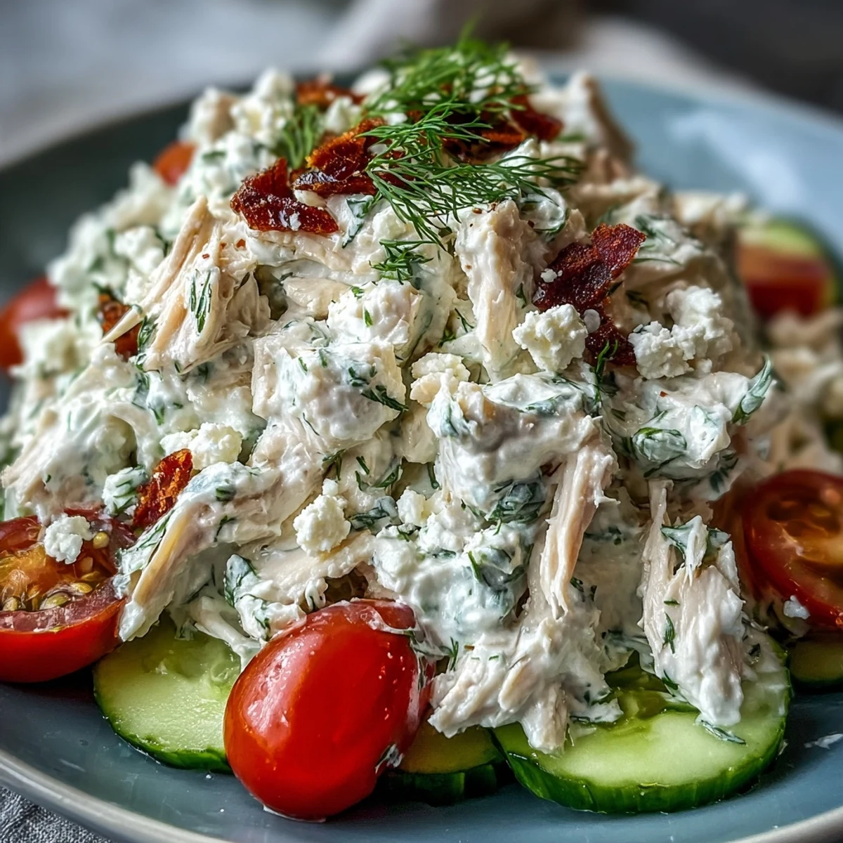 Freshly made Tzatziki Chicken Salad in a white bowl, featuring tender shredded chicken and crisp diced cucumber for a cool, creamy bite.