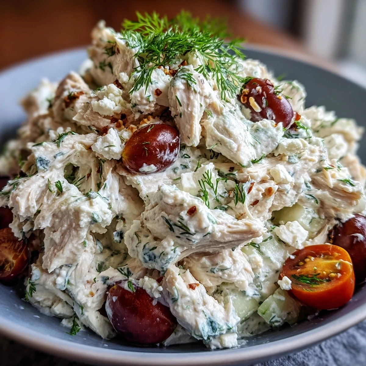 Bright serving of Tzatziki Chicken Salad with juicy cherry tomatoes and diced avocado, ready to enjoy chilled on a warm afternoon.