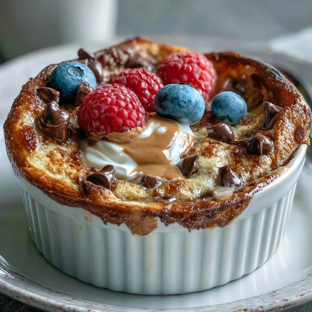 Golden-brown Baked Protein Pancake Bowl fresh from the oven, topped with peanut butter and sliced strawberries, ready to enjoy.
