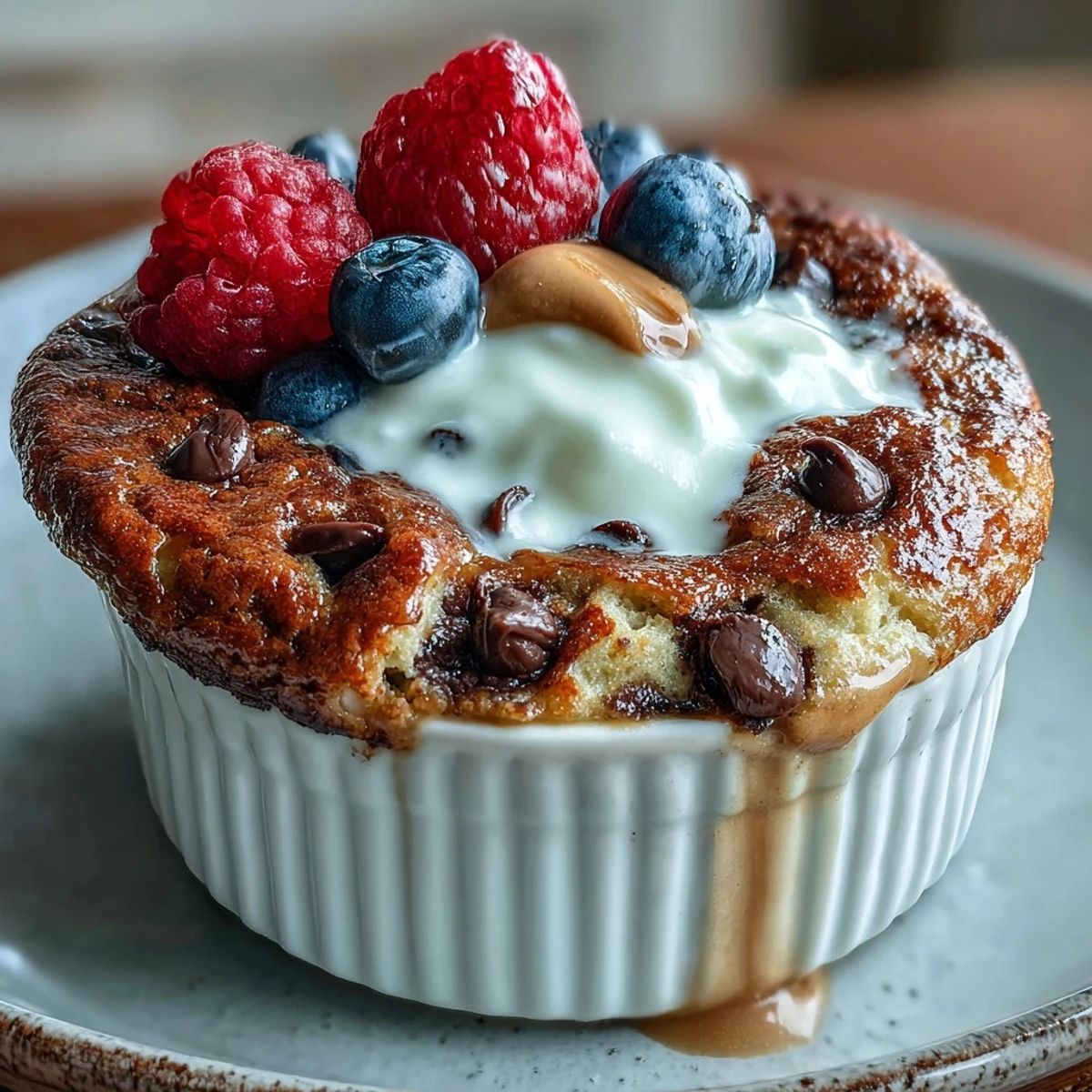 A warm, single-serve Baked Protein Pancake Bowl with maple syrup drizzle and fresh blueberries, perfect for a quick breakfast.