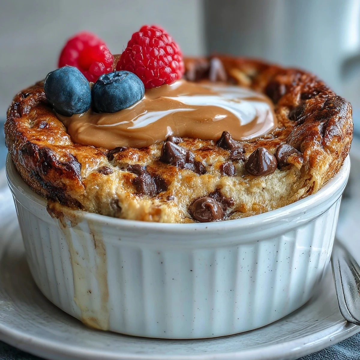Freshly baked Baked Protein Pancake Bowl in a ceramic ramekin, fluffy texture with chocolate chips and yogurt dollops.