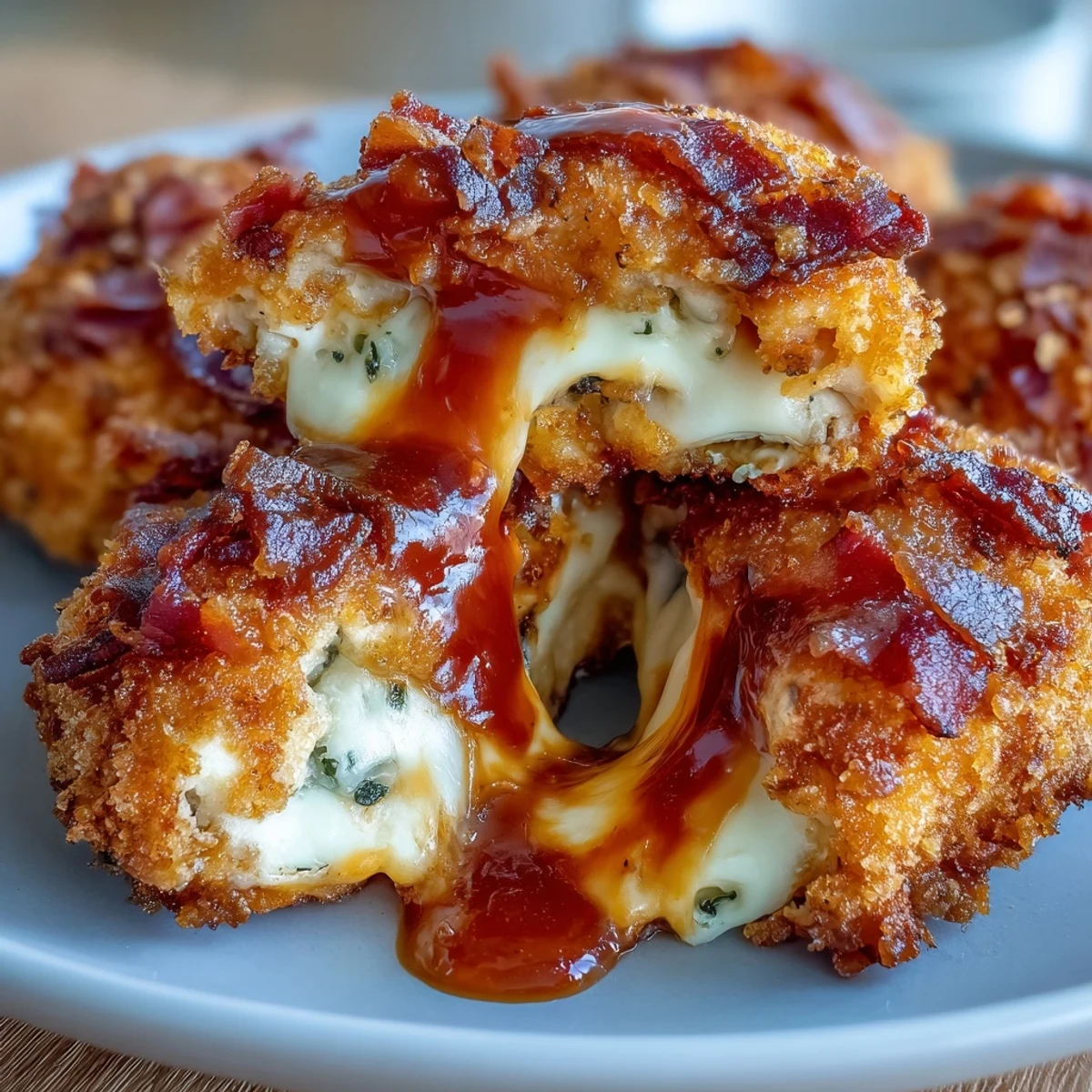 Twelve Buffalo Chicken Bacon Mozzarella Bombs arranged over blue cheese dip, showcasing crunchy panko crusts and smoky bacon garnish.