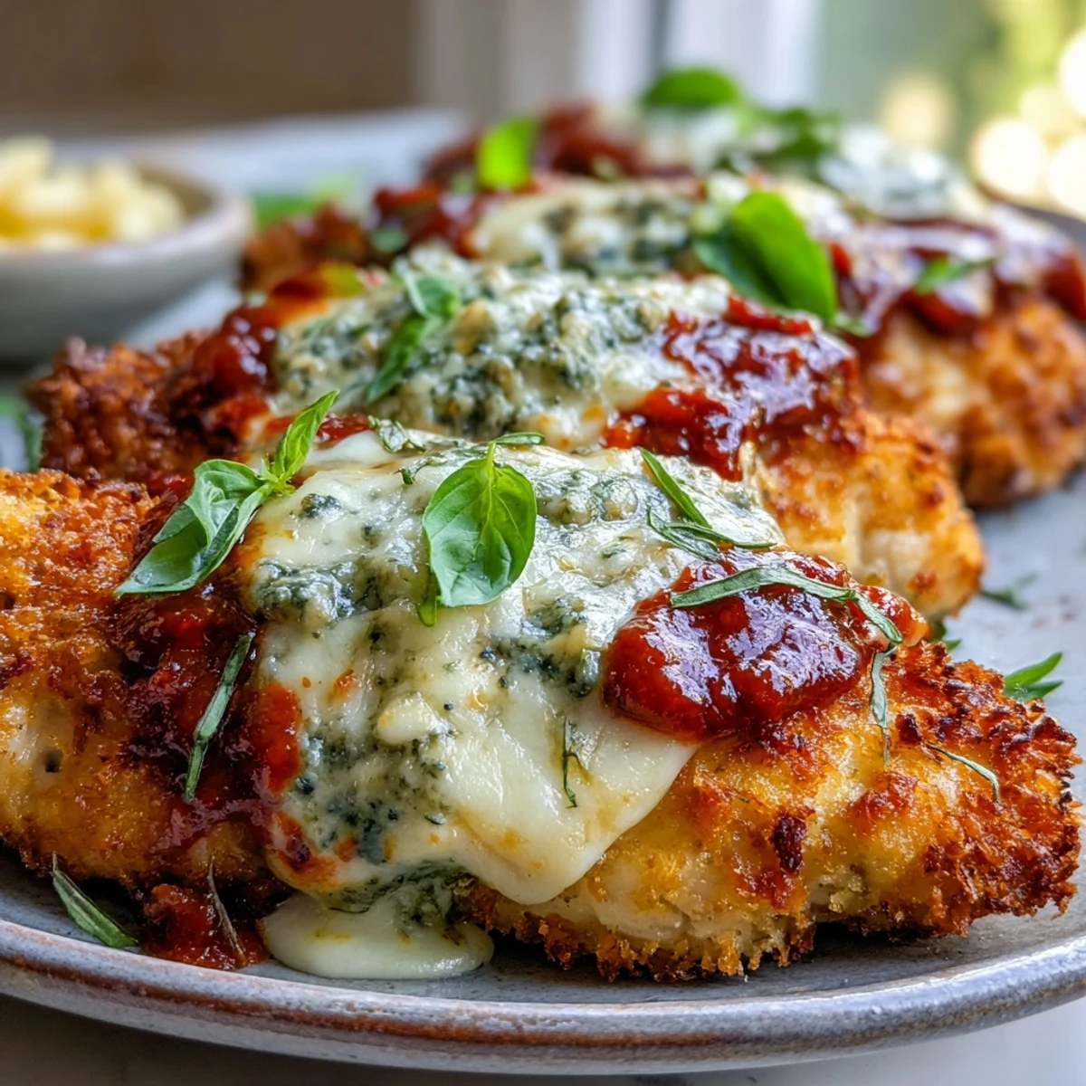 Golden brown breaded chicken breasts topped with melty mozzarella, marinara sauce, and fresh pesto on a rustic plate.