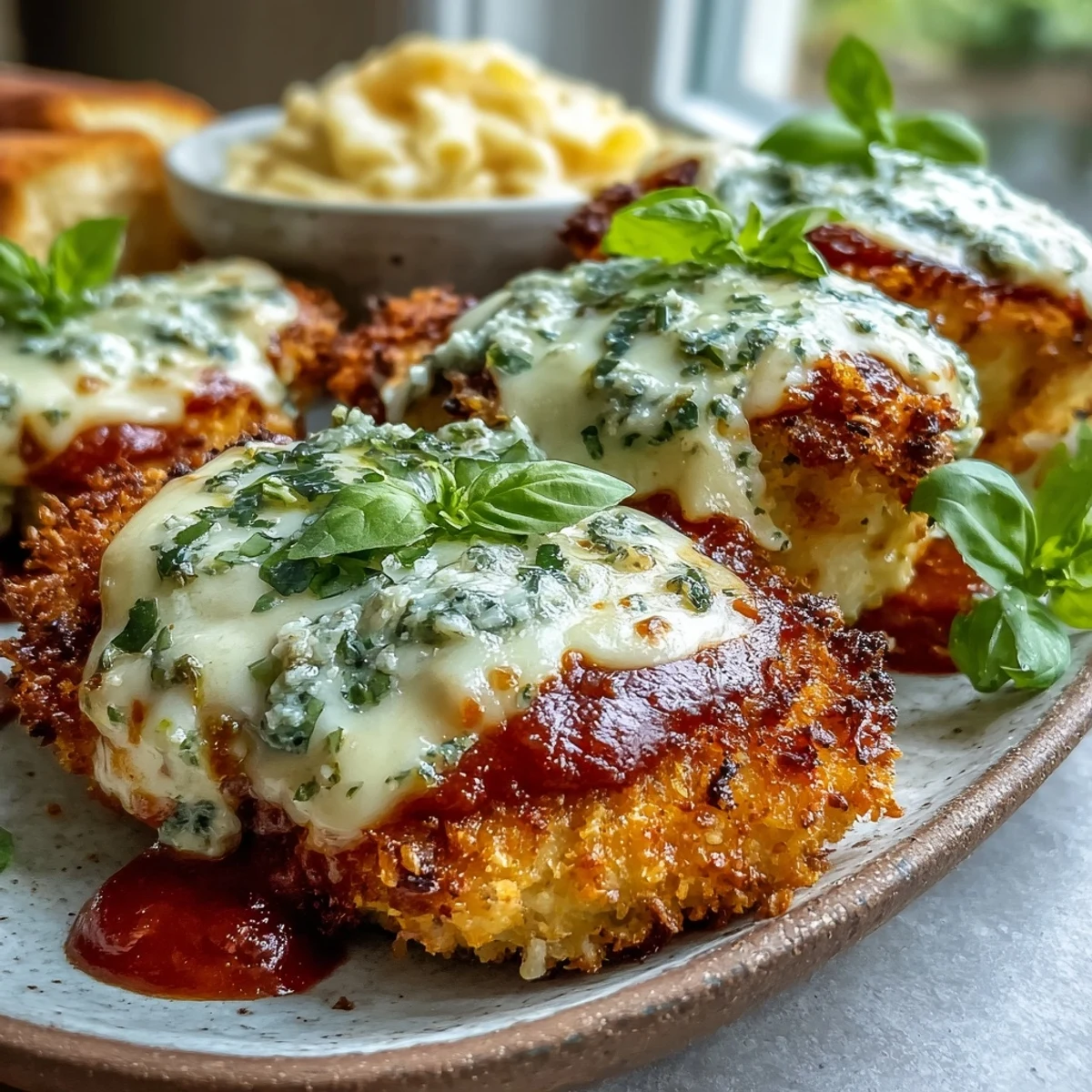 Fresh basil garnish on baked Pesto Chicken Parmesan, featuring bubbly cheese and golden crispy edges straight from the oven.