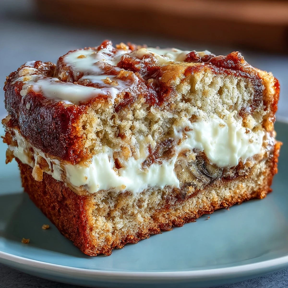 Thick slice of Cream Cheese Cinnamon Swirl Banana Bread showing the gooey cream cheese filling and sweet cinnamon topping on a rustic wooden board.