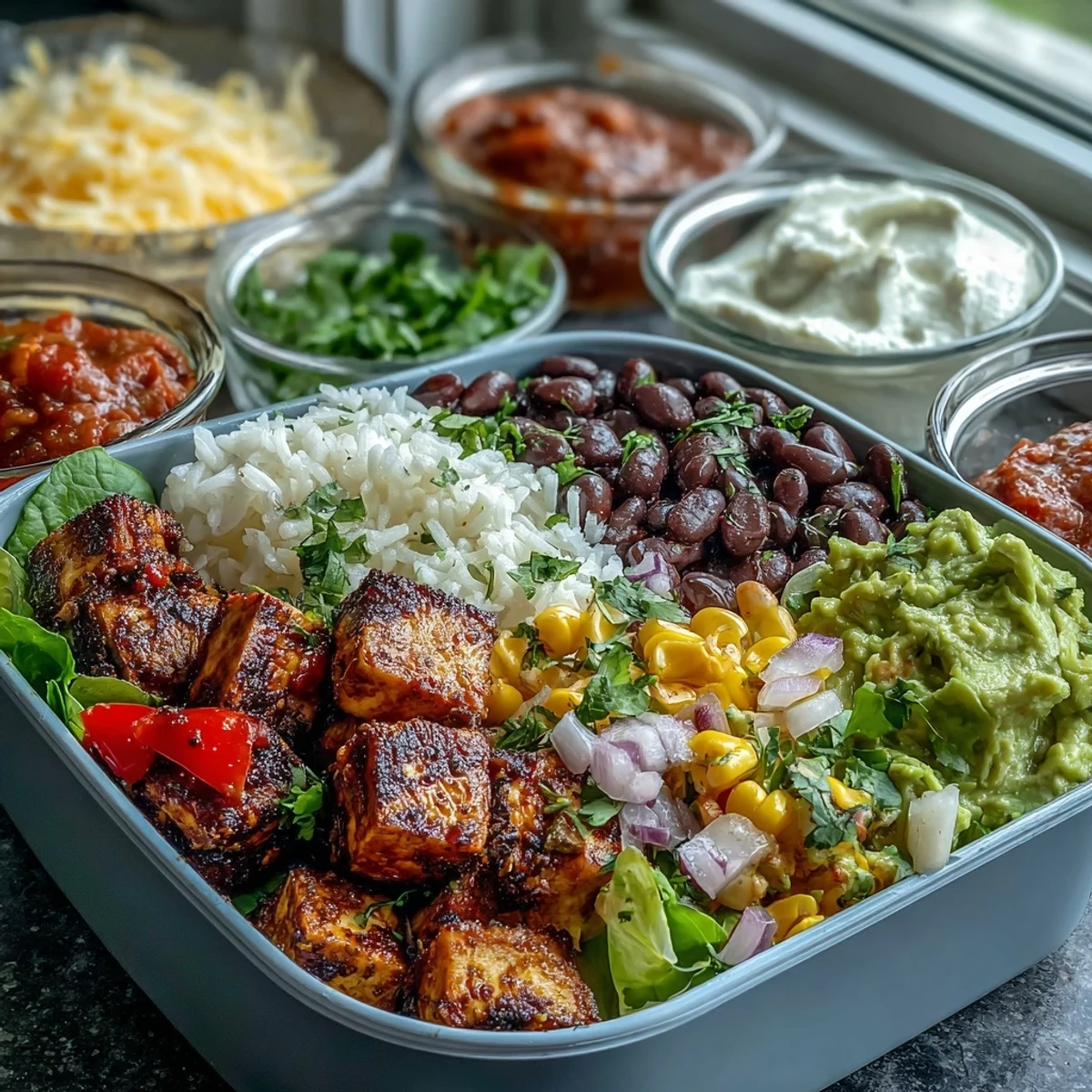 A vibrant meal prep burrito bowl base showcases fluffy rice, hearty beans, seasoned chicken, and fresh toppings in separate containers.