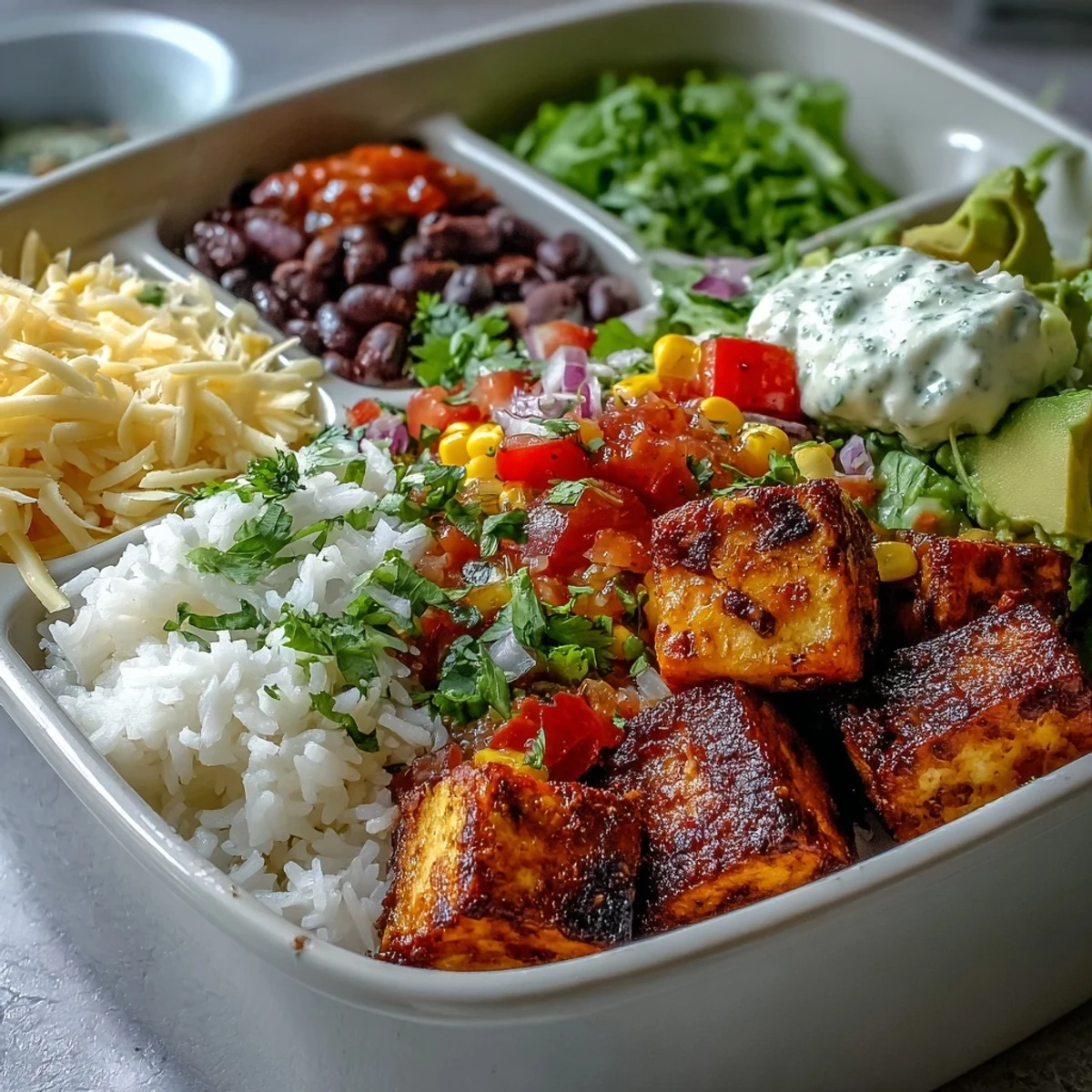 Bright red bell peppers and juicy tomatoes top a homemade burrito bowl base with black beans, corn, and fluffy rice.